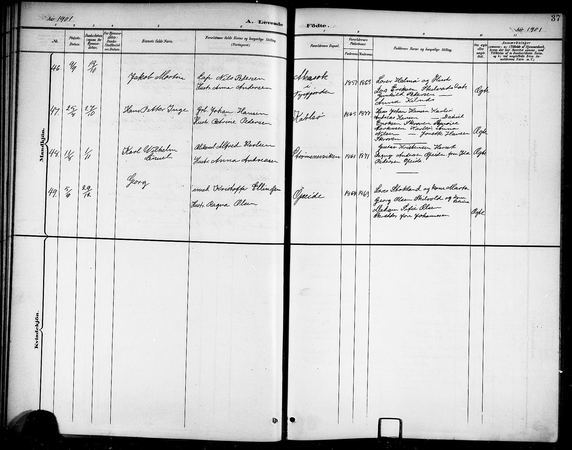 Ministerialprotokoller, klokkerbøker og fødselsregistre - Nordland, AV/SAT-A-1459/859/L0860: Parish register (copy) no. 859C06, 1899-1909, p. 37