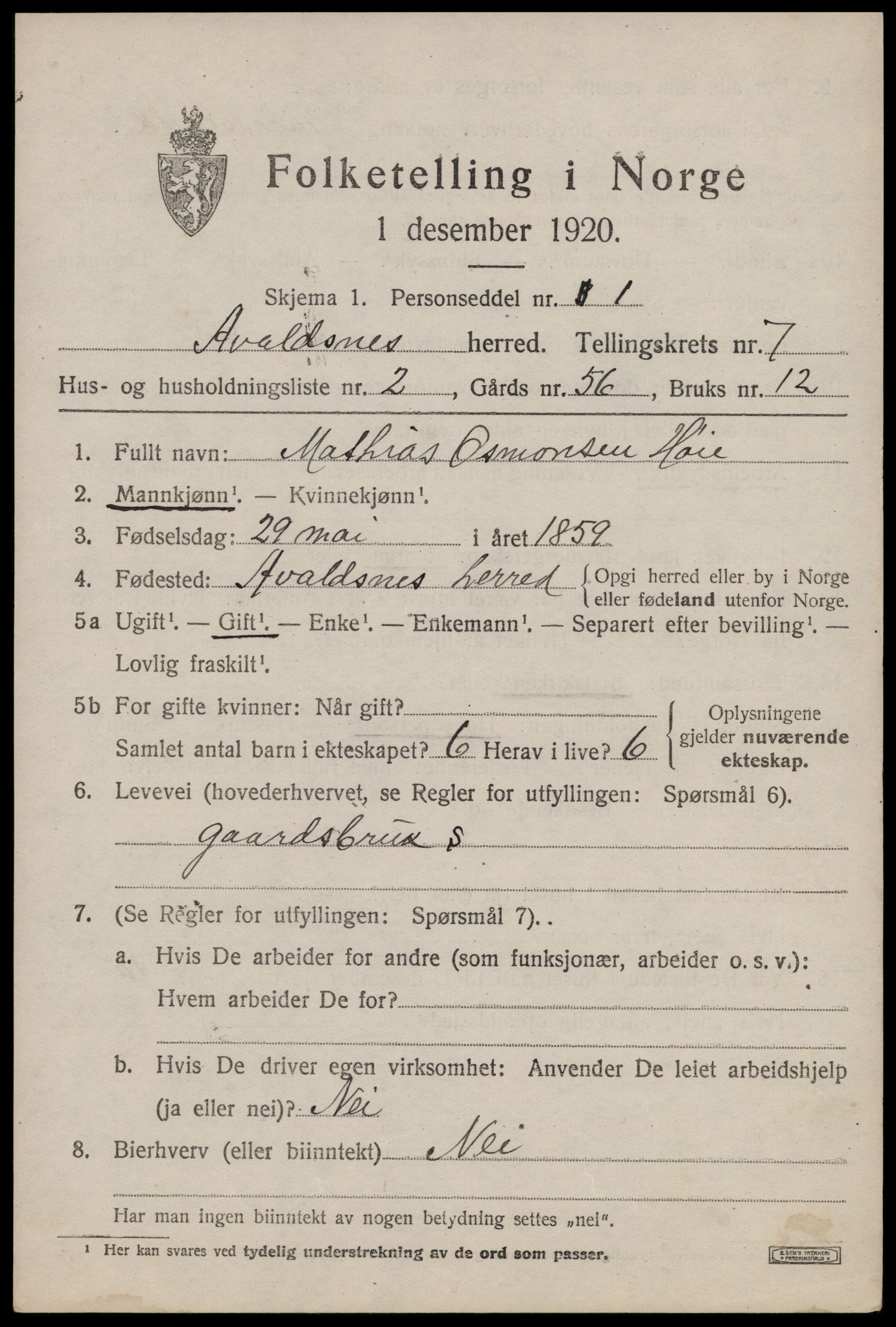 SAST, 1920 census for Avaldsnes, 1920, p. 5879