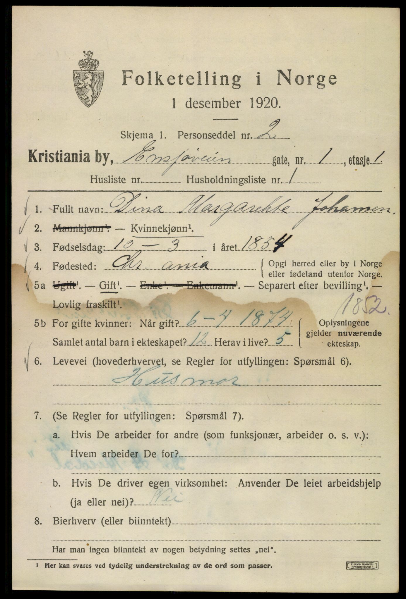 SAO, 1920 census for Kristiania, 1920, p. 219103