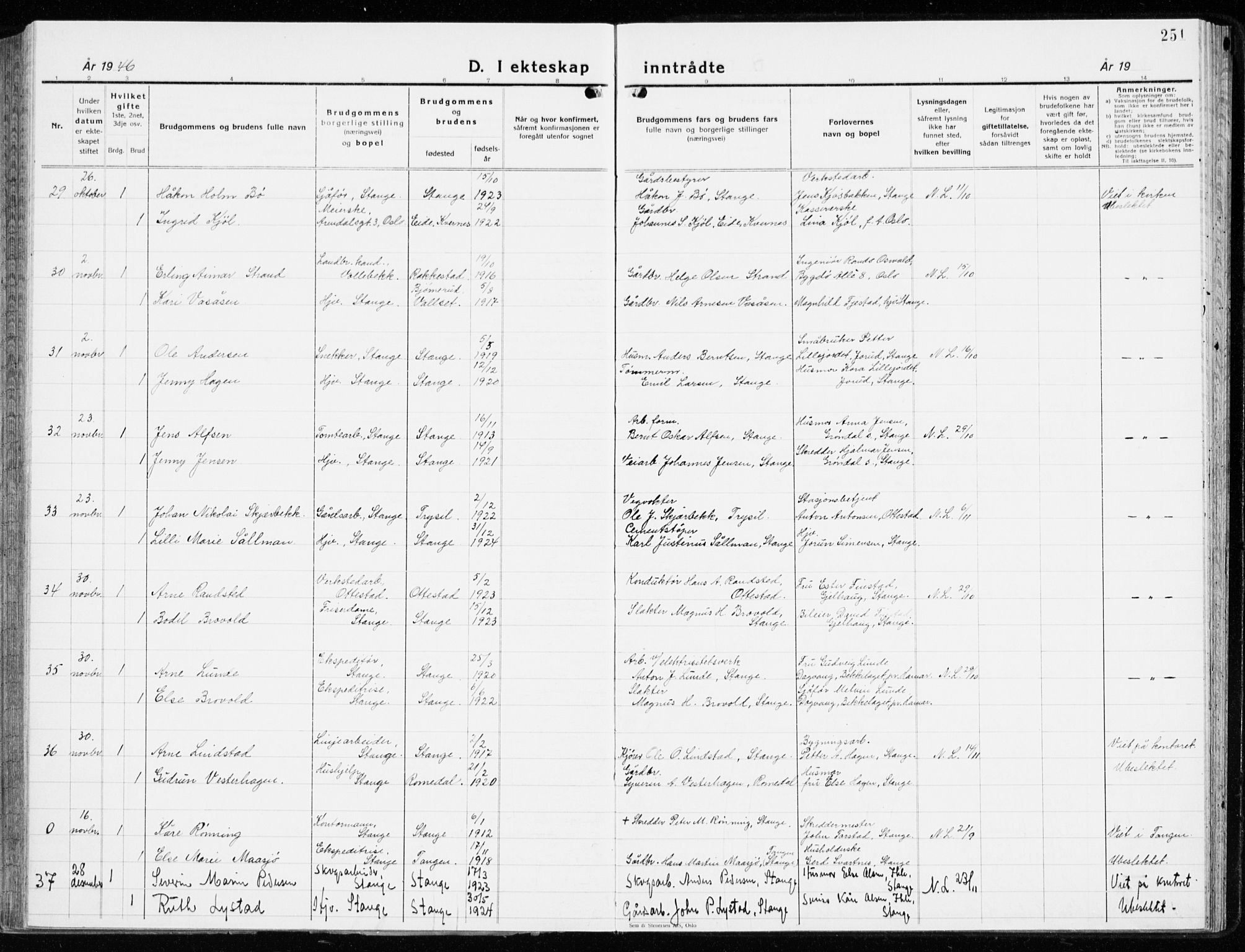 Stange prestekontor, AV/SAH-PREST-002/K/L0027: Parish register (official) no. 27, 1937-1947, p. 251