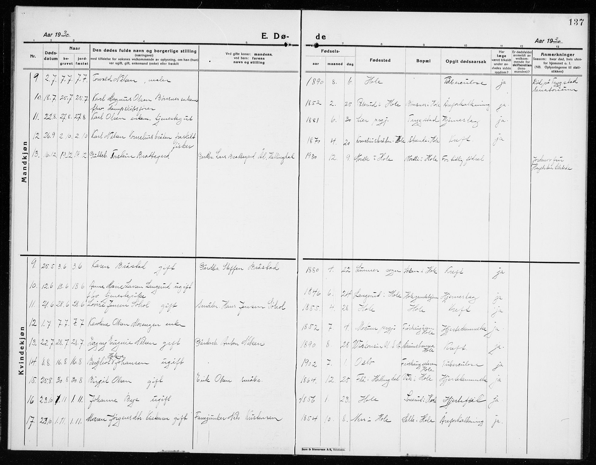 Hole kirkebøker, SAKO/A-228/G/Ga/L0005: Parish register (copy) no. I 5, 1924-1938, p. 137