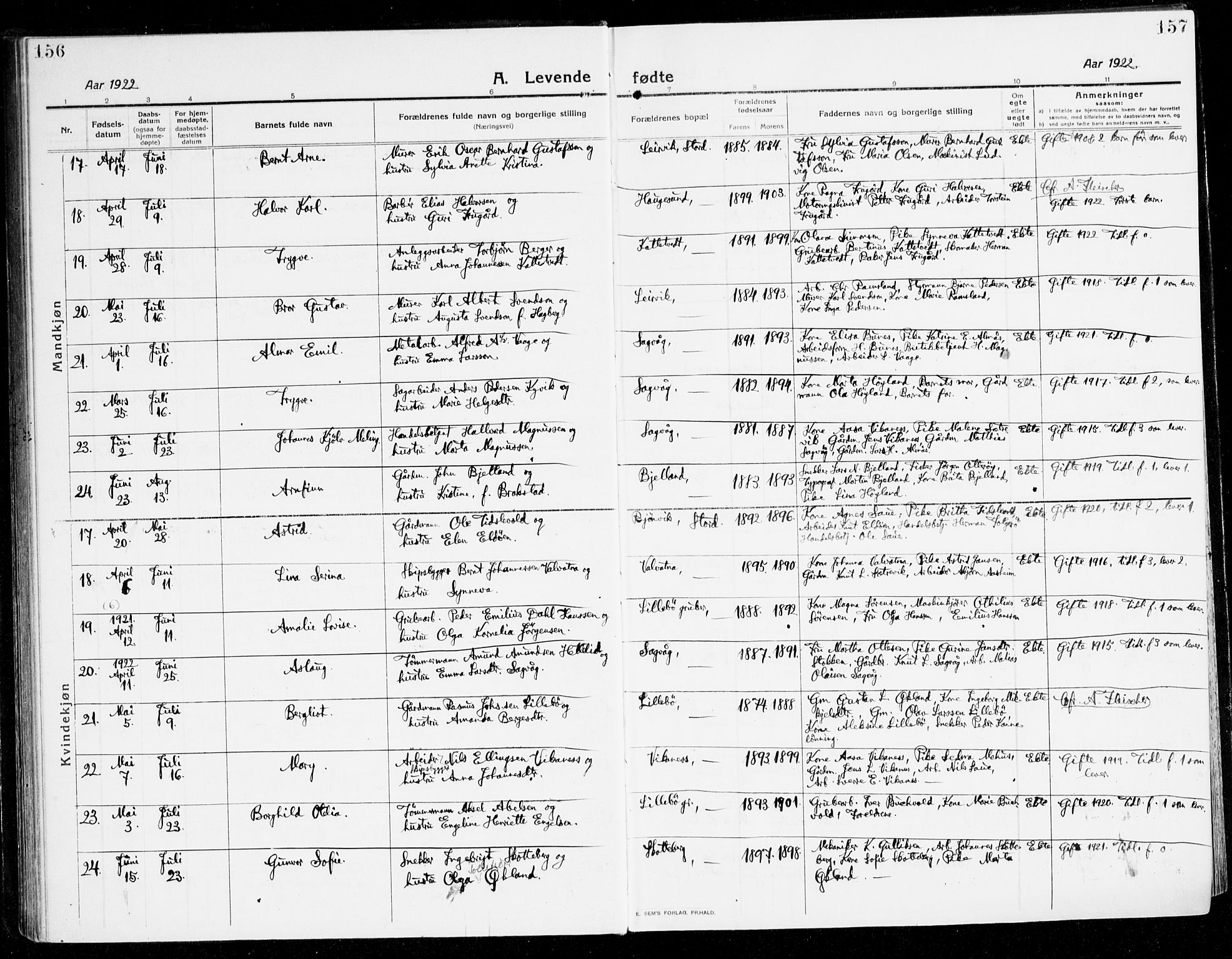 Stord sokneprestembete, AV/SAB-A-78201/H/Haa: Parish register (official) no. B 3, 1913-1925, p. 156-157