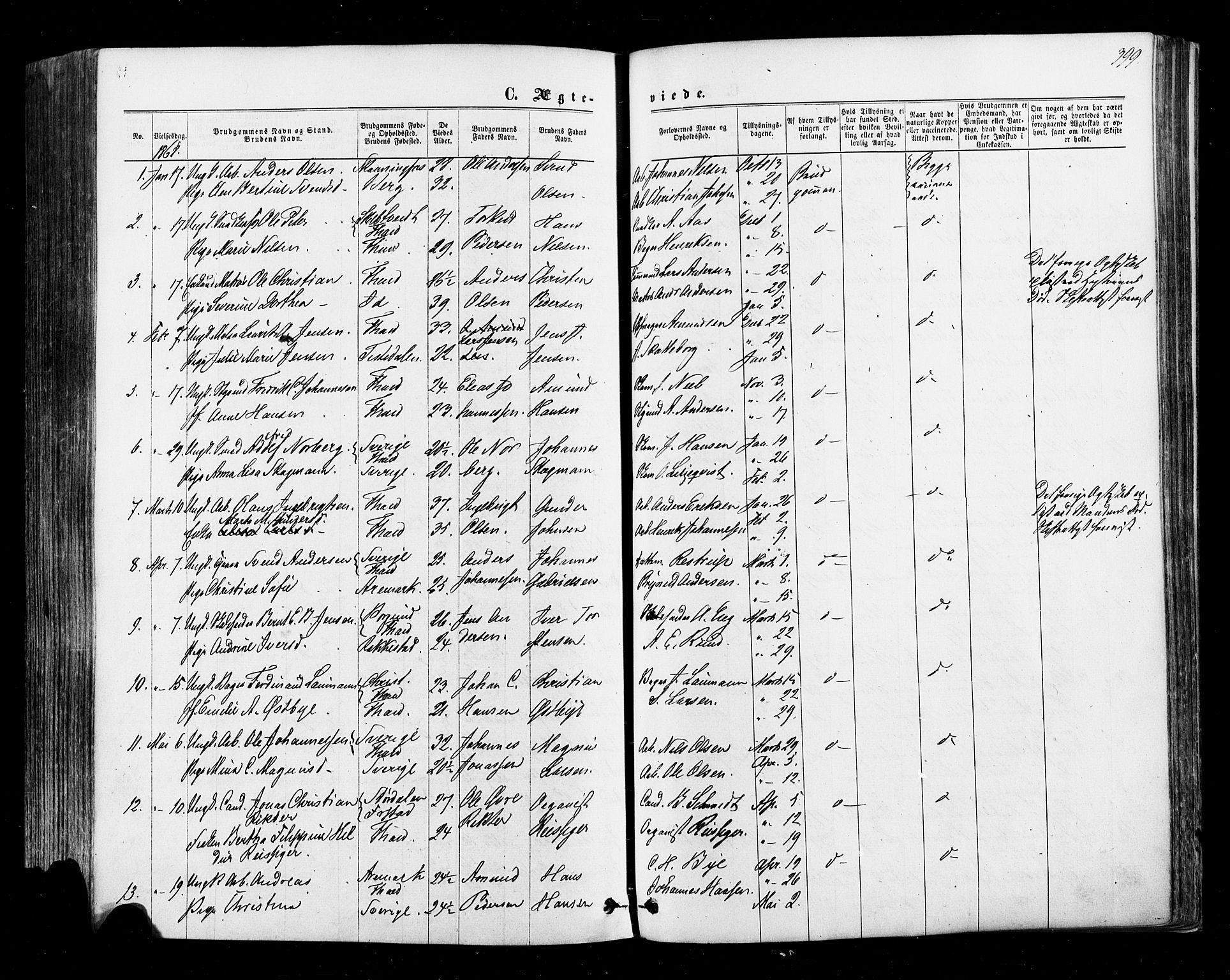 Halden prestekontor Kirkebøker, SAO/A-10909/F/Fa/L0009: Parish register (official) no. I 9, 1866-1877, p. 399