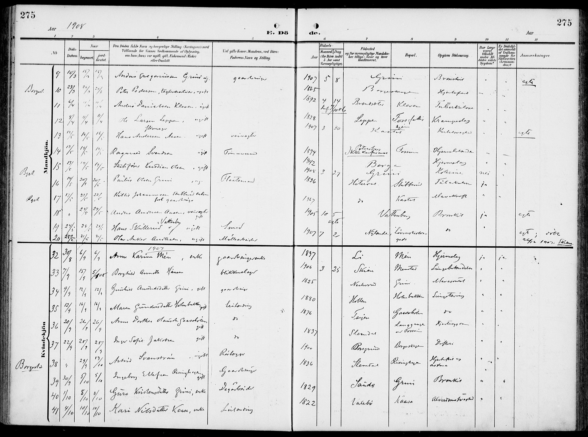 Gjerpen kirkebøker, SAKO/A-265/F/Fa/L0012: Parish register (official) no. I 12, 1905-1913, p. 275