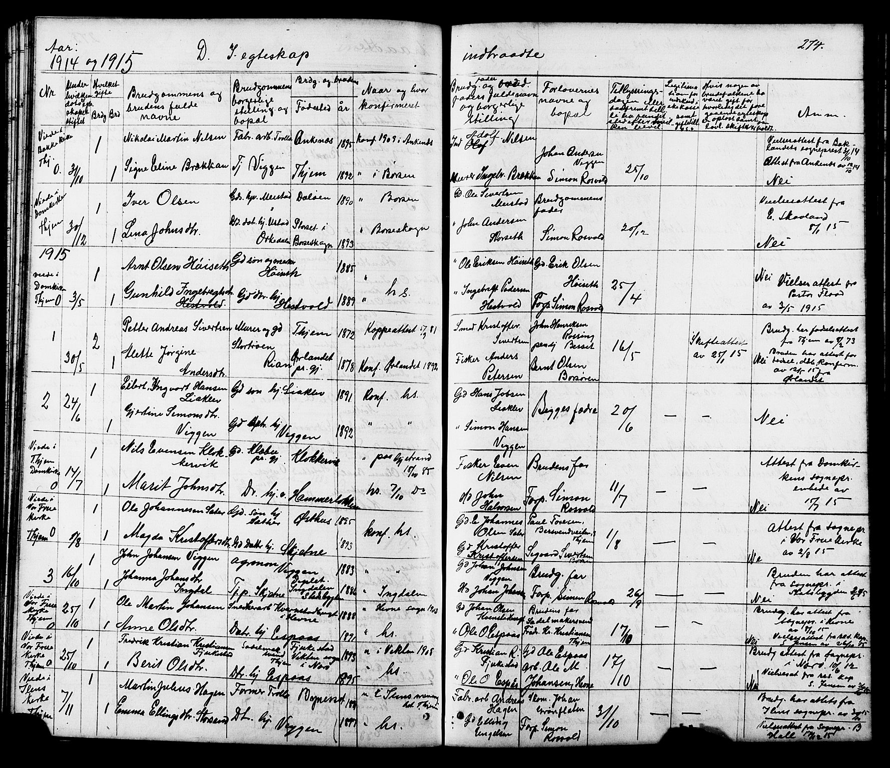 Ministerialprotokoller, klokkerbøker og fødselsregistre - Sør-Trøndelag, SAT/A-1456/665/L0777: Parish register (copy) no. 665C02, 1867-1915, p. 274