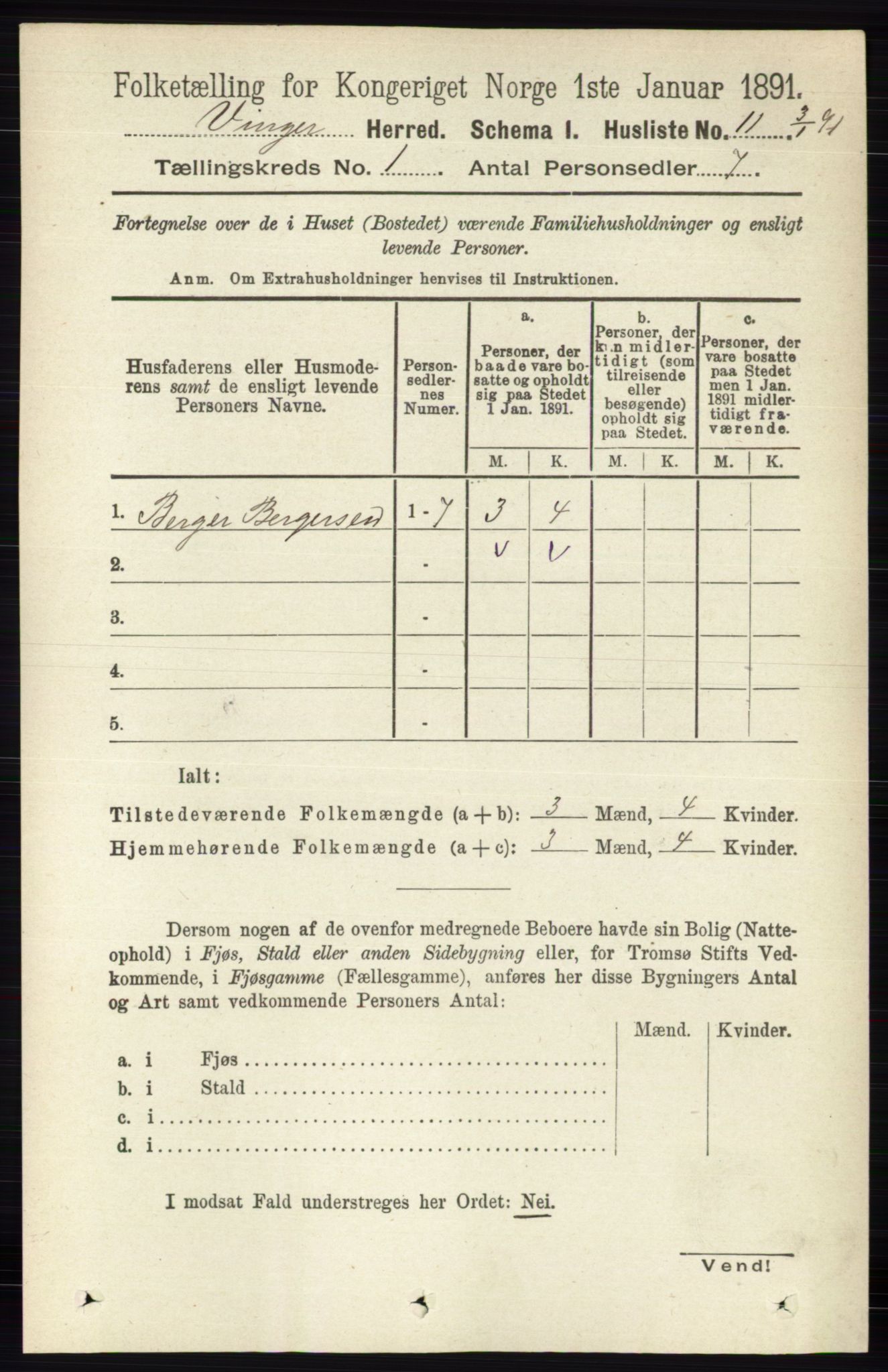 RA, 1891 census for 0421 Vinger, 1891, p. 43