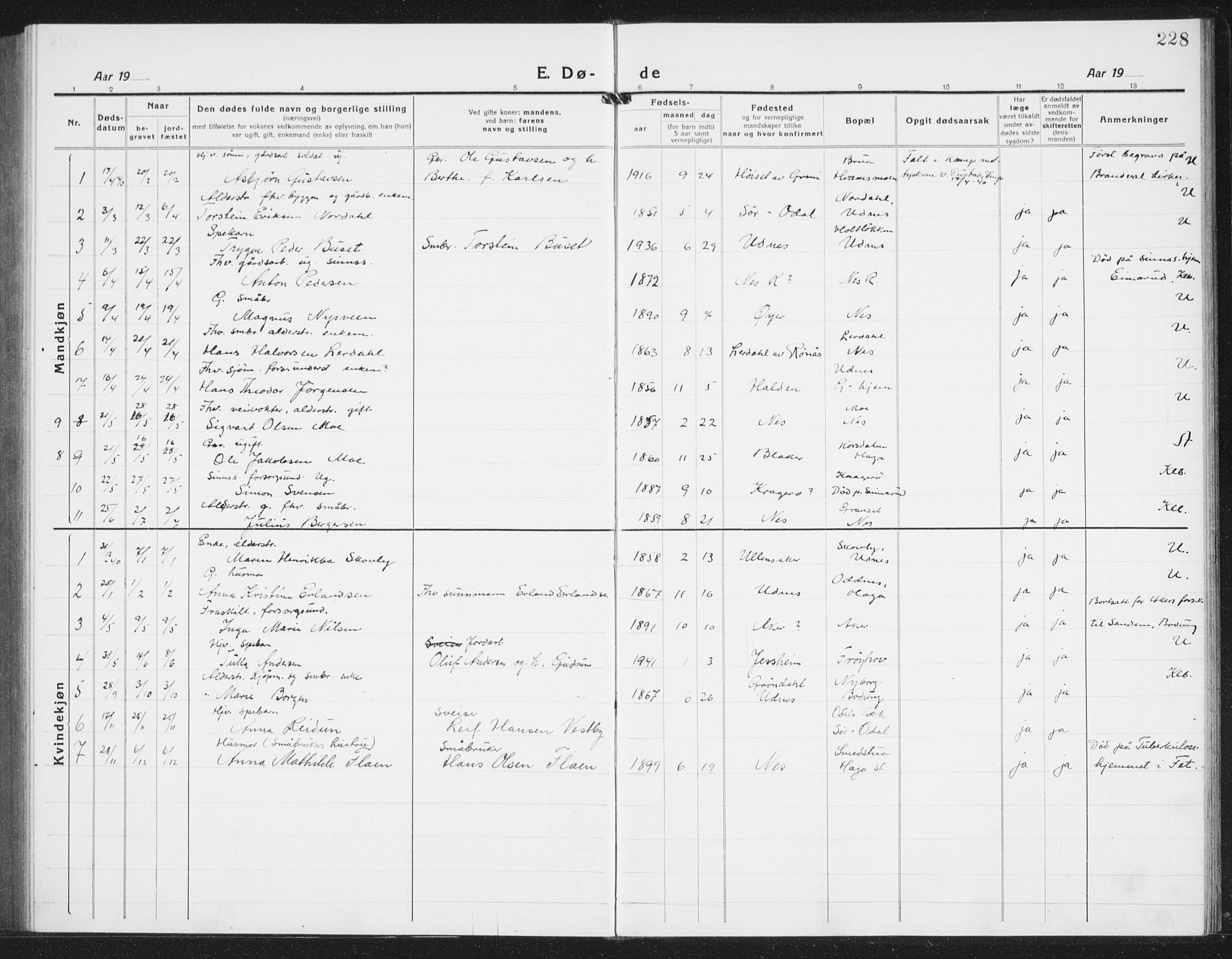 Nes prestekontor Kirkebøker, AV/SAO-A-10410/G/Gb/L0002: Parish register (copy) no. II 2, 1918-1942, p. 228