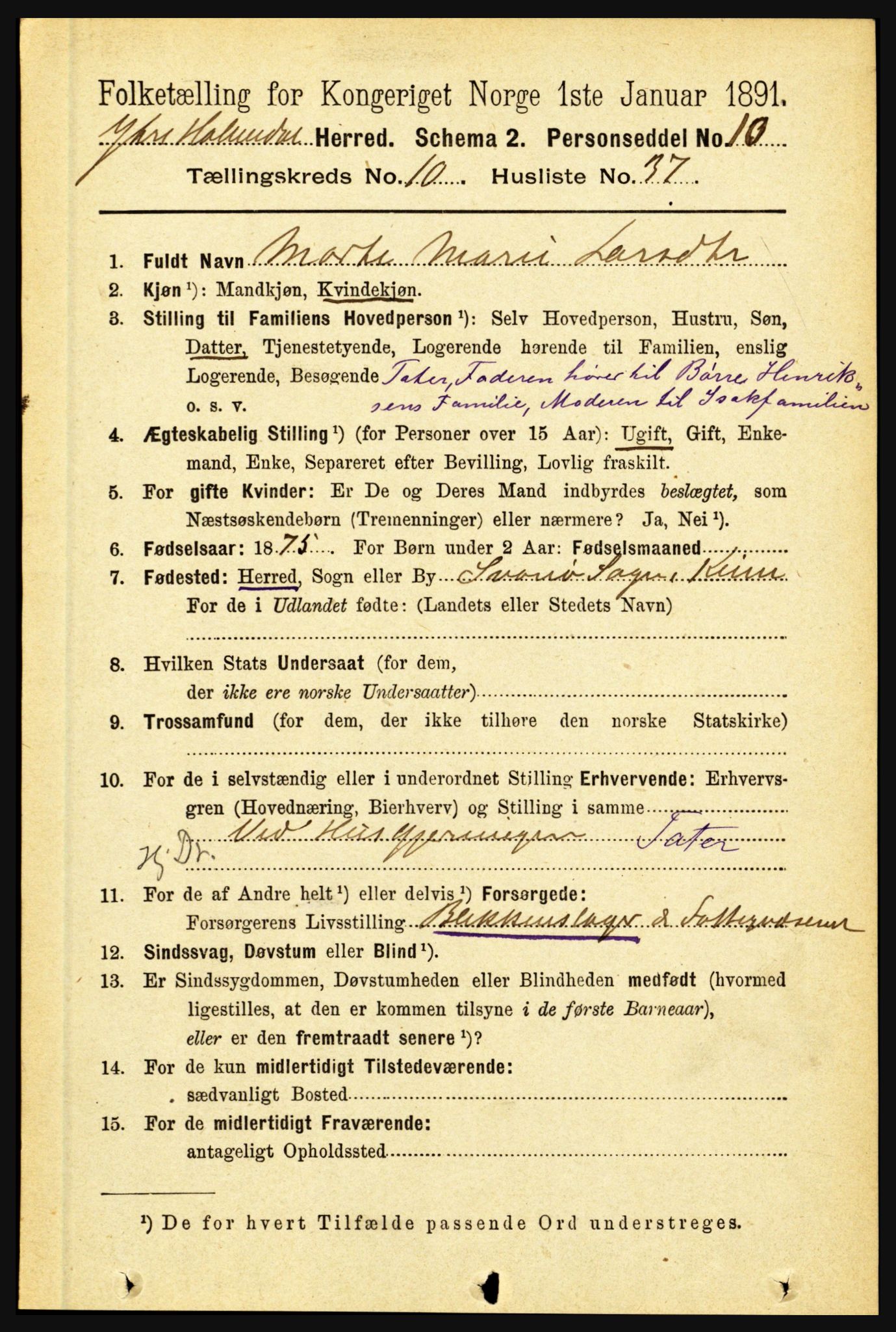 RA, 1891 census for 1429 Ytre Holmedal, 1891, p. 2533