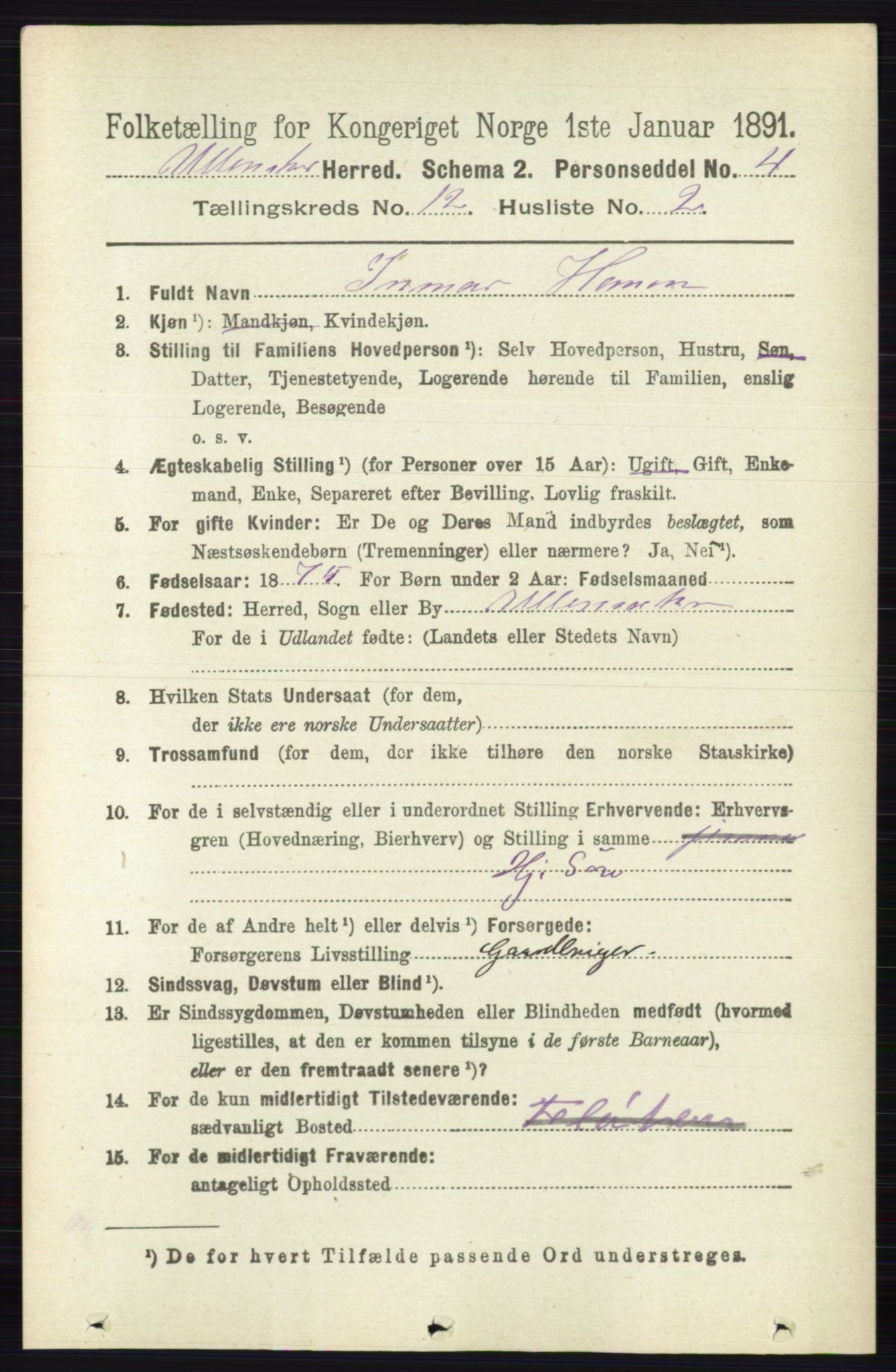 RA, 1891 census for 0235 Ullensaker, 1891, p. 5620