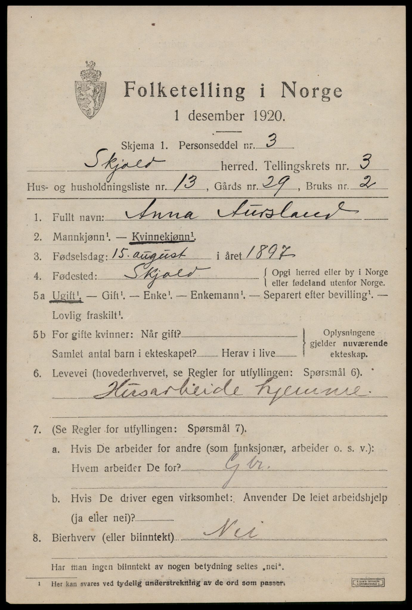 SAST, 1920 census for Skjold, 1920, p. 2098