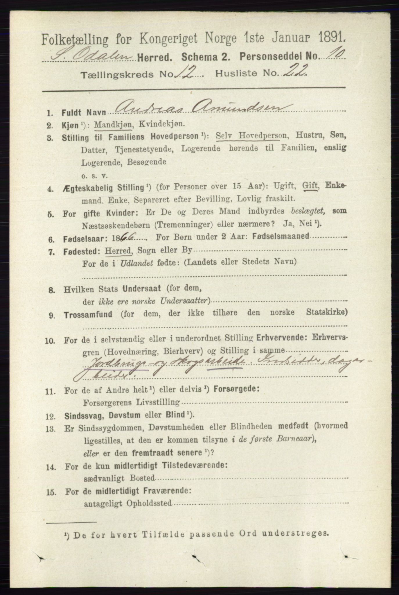 RA, 1891 census for 0419 Sør-Odal, 1891, p. 5494