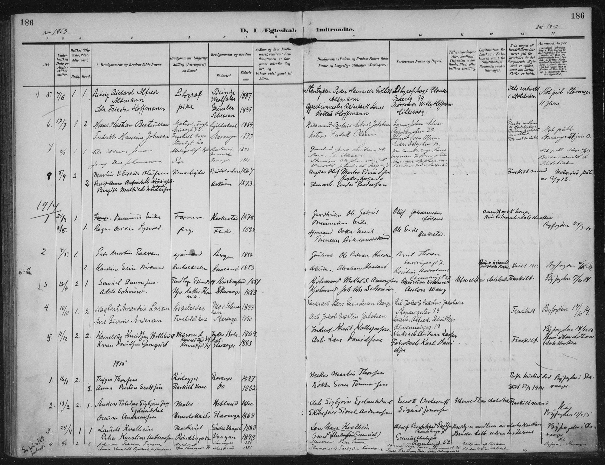 Domkirken sokneprestkontor, SAST/A-101812/002/A/L0016: Parish register (official) no. A 33, 1905-1922, p. 186