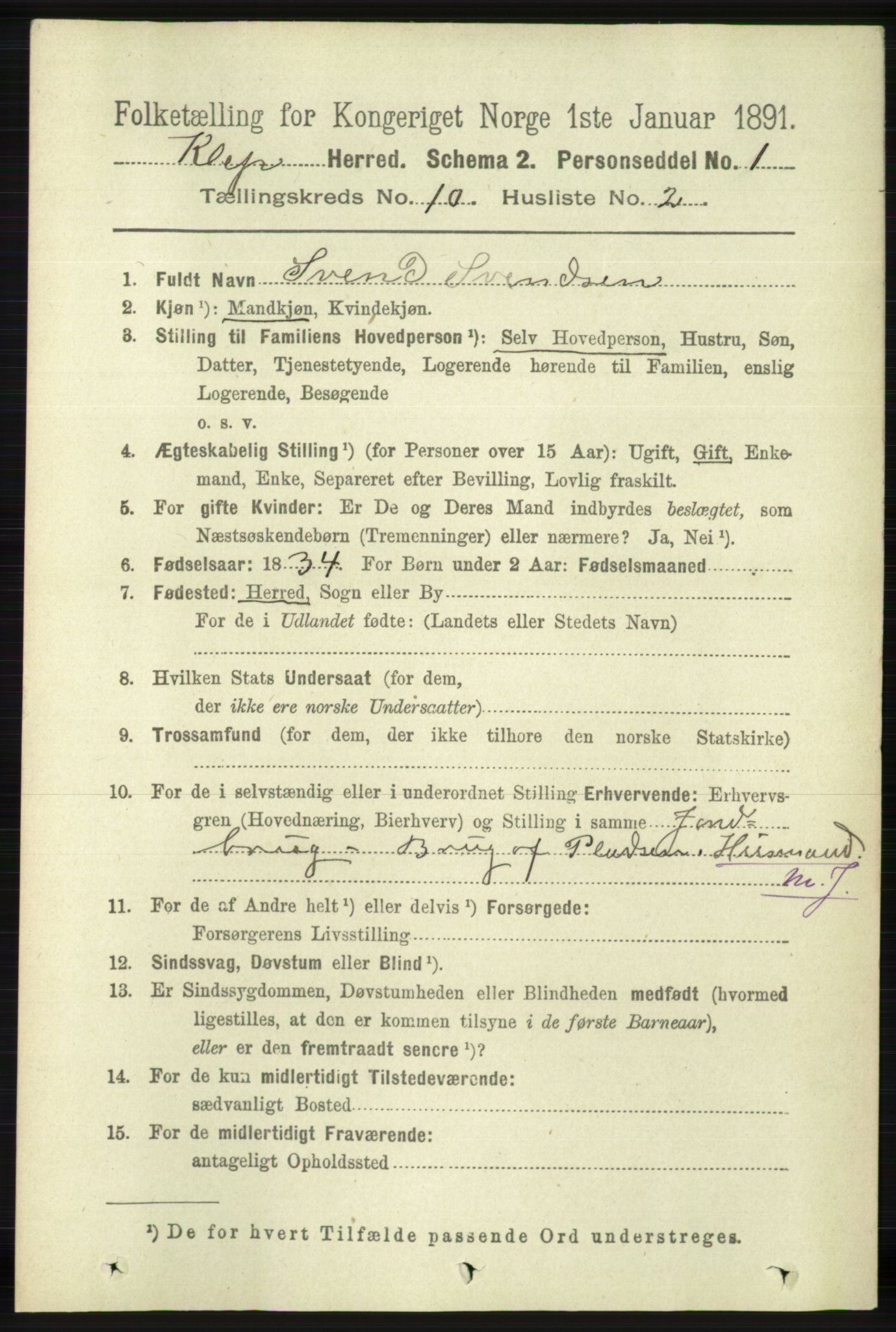 RA, 1891 census for 1120 Klepp, 1891, p. 2864