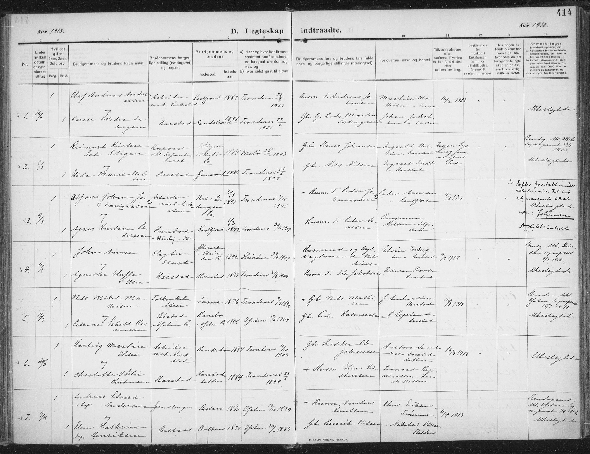 Trondenes sokneprestkontor, SATØ/S-1319/H/Ha/L0018kirke: Parish register (official) no. 18, 1909-1918, p. 414
