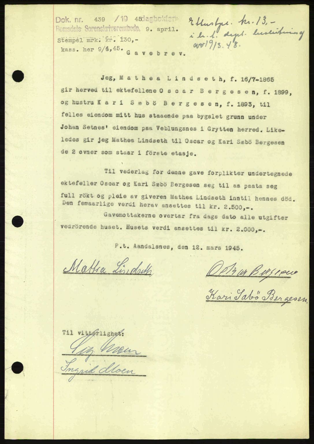 Romsdal sorenskriveri, AV/SAT-A-4149/1/2/2C: Mortgage book no. A17, 1944-1945, Diary no: : 439/1945