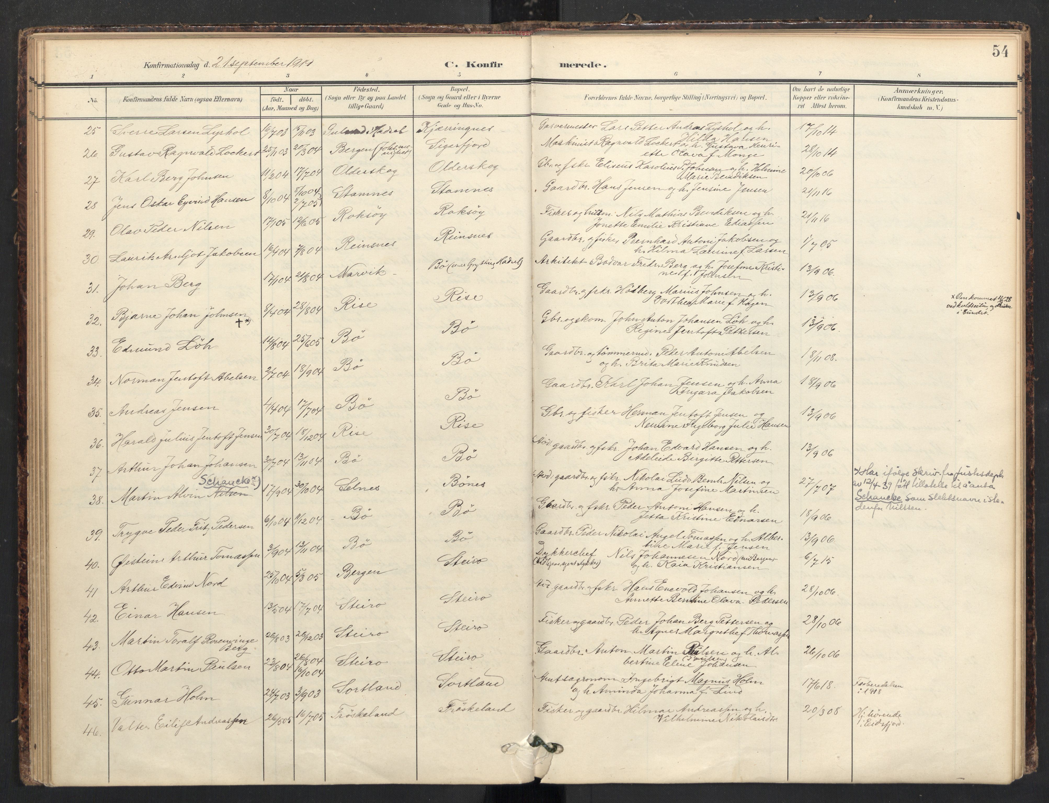 Ministerialprotokoller, klokkerbøker og fødselsregistre - Nordland, AV/SAT-A-1459/895/L1375: Parish register (official) no. 895A10, 1907-1938, p. 54