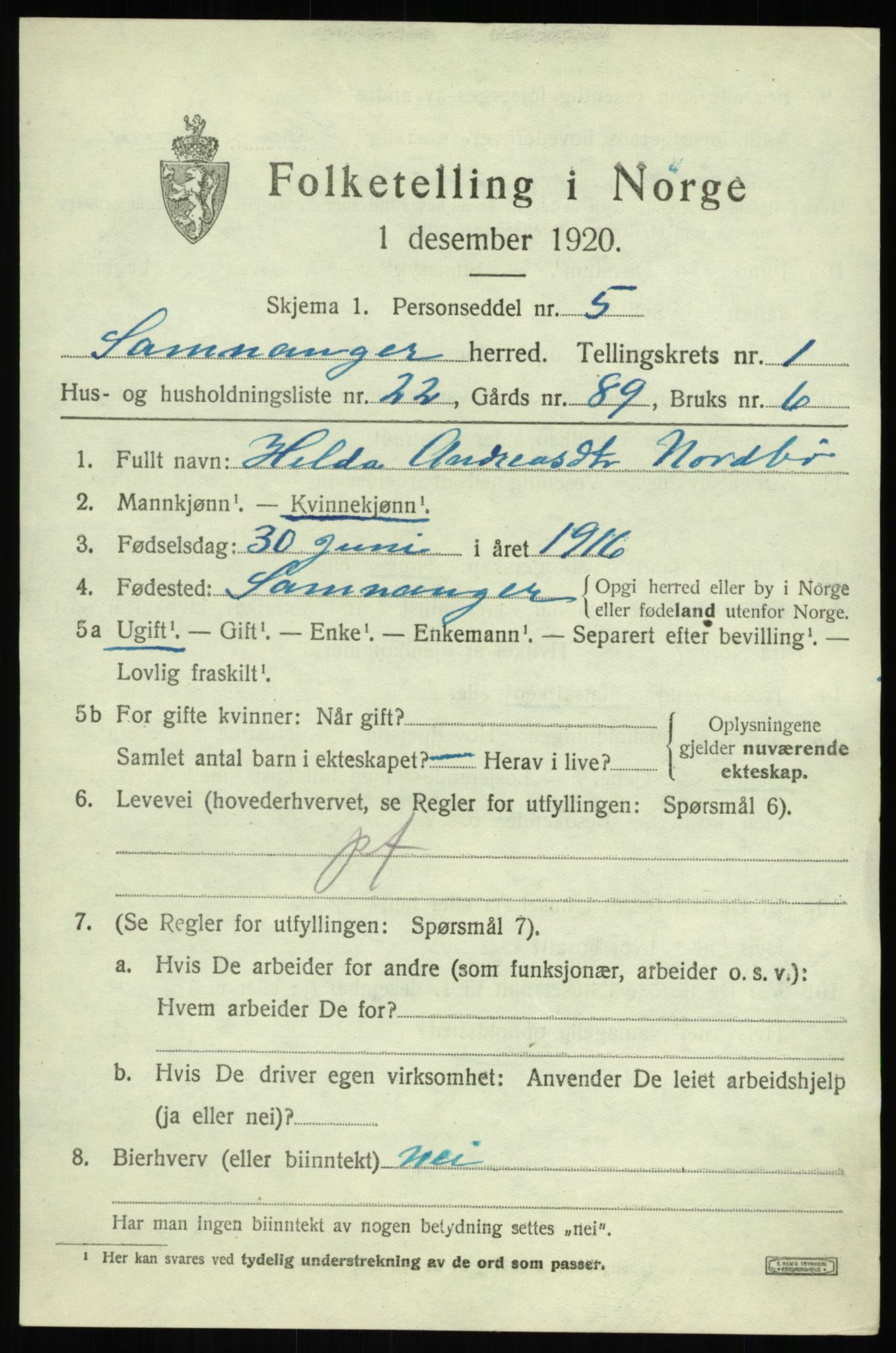 SAB, 1920 census for Samnanger, 1920, p. 1103