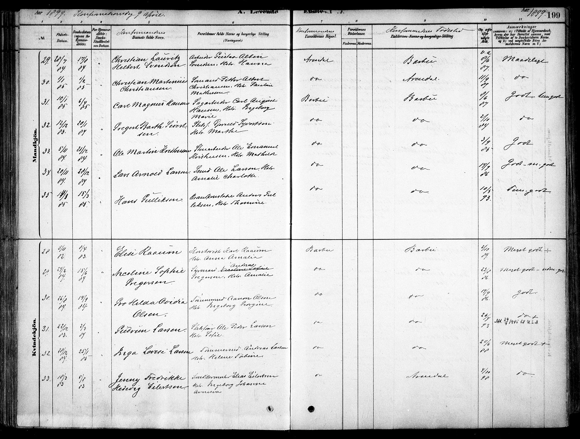 Arendal sokneprestkontor, Trefoldighet, SAK/1111-0040/F/Fa/L0008: Parish register (official) no. A 8, 1878-1899, p. 199