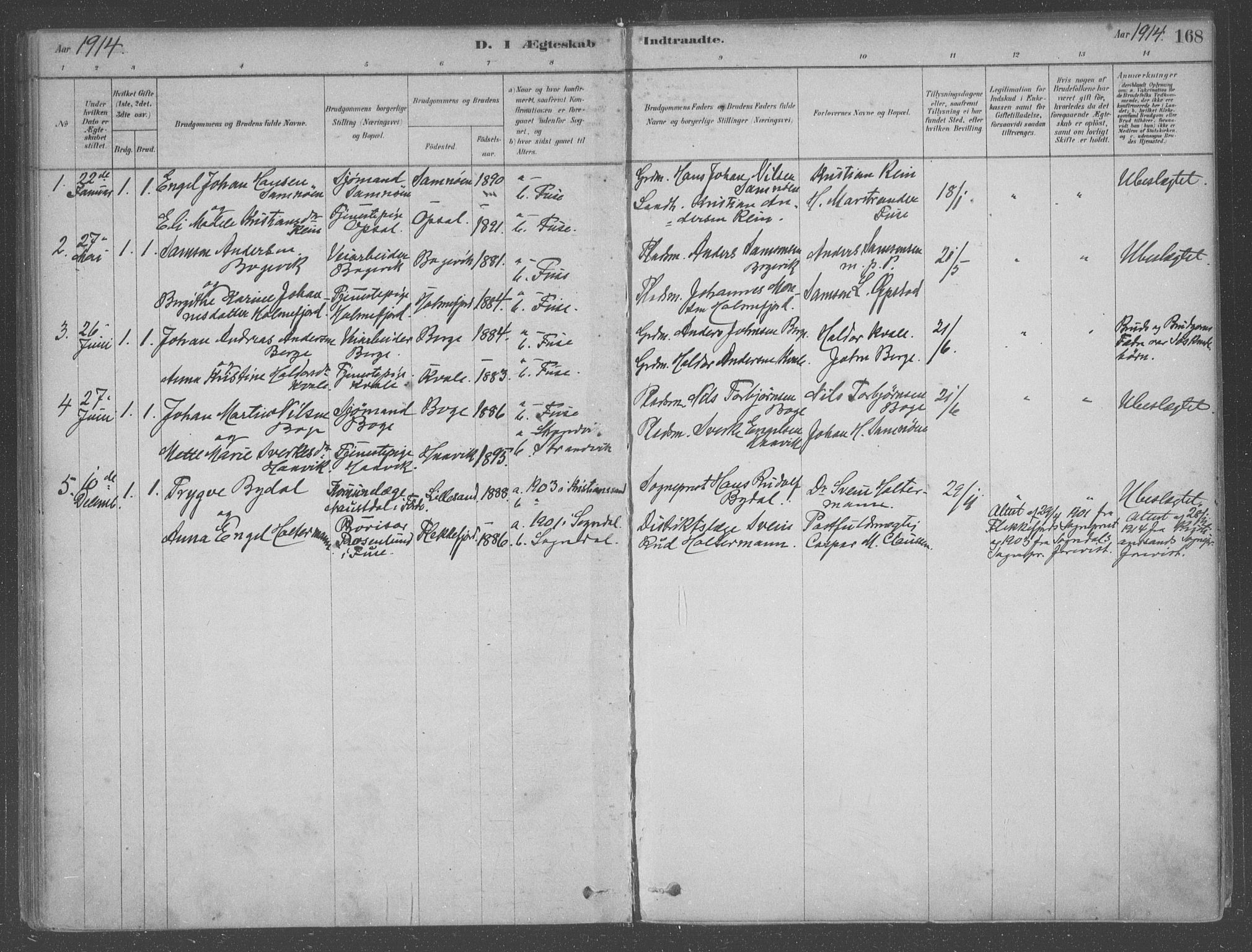 Fusa sokneprestembete, AV/SAB-A-75401/H/Haa: Parish register (official) no. B 1, 1880-1938, p. 168