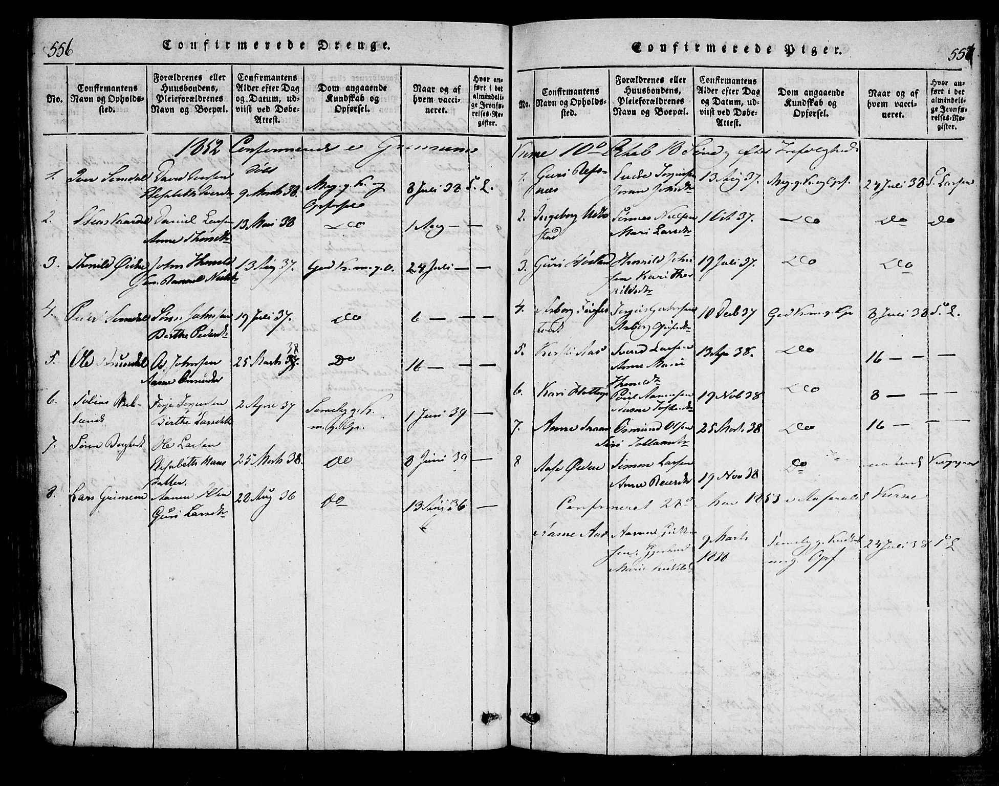 Bjelland sokneprestkontor, SAK/1111-0005/F/Fa/Fac/L0001: Parish register (official) no. A 1, 1815-1866, p. 556-557