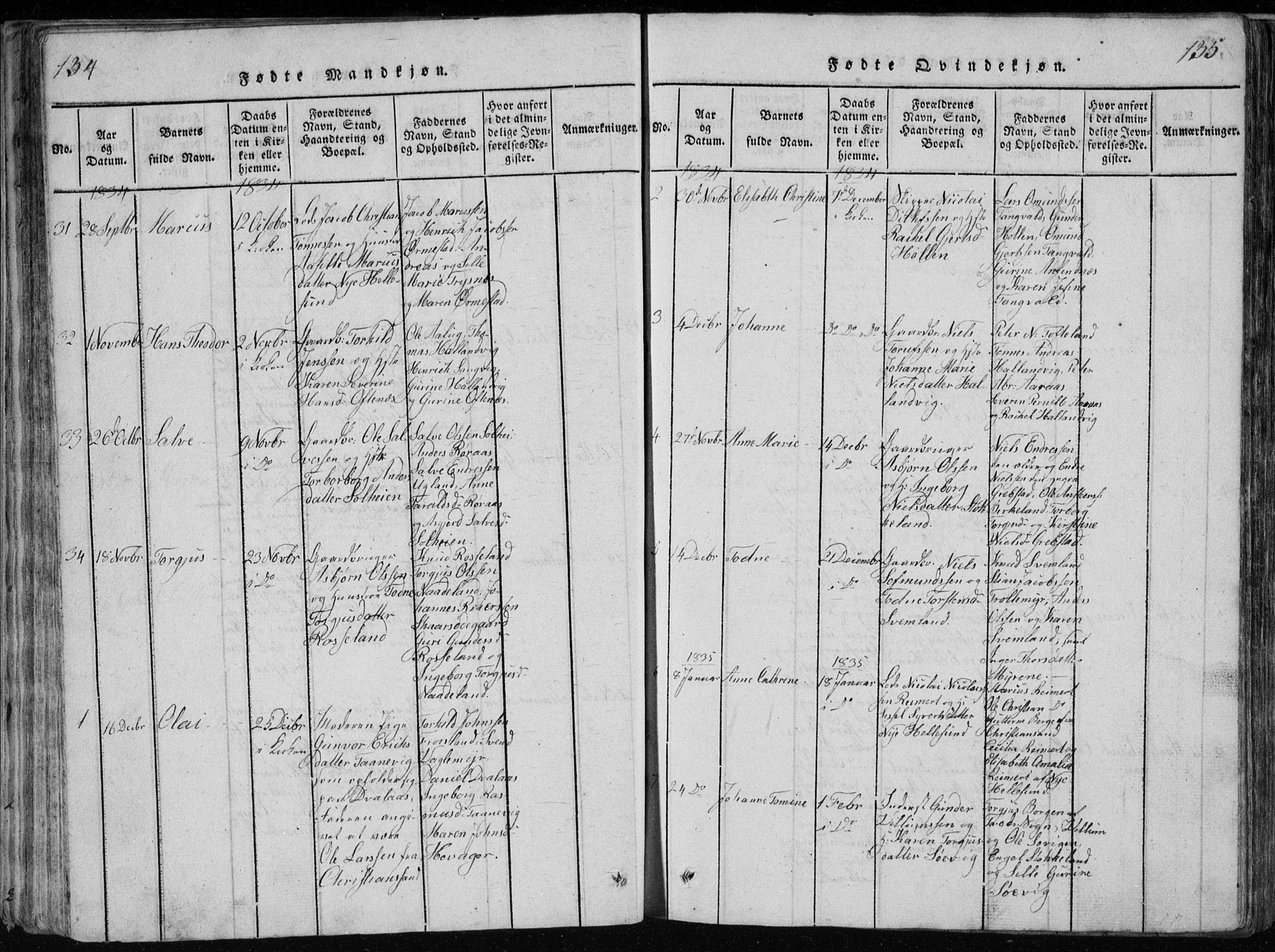 Søgne sokneprestkontor, SAK/1111-0037/F/Fb/Fbb/L0002: Parish register (copy) no. B 2, 1821-1838, p. 134-135