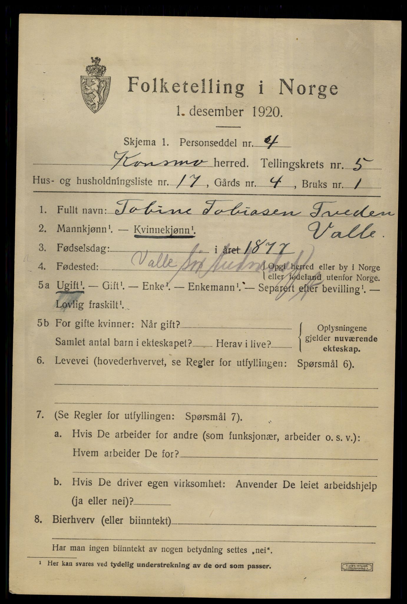 SAK, 1920 census for Konsmo, 1920, p. 1398