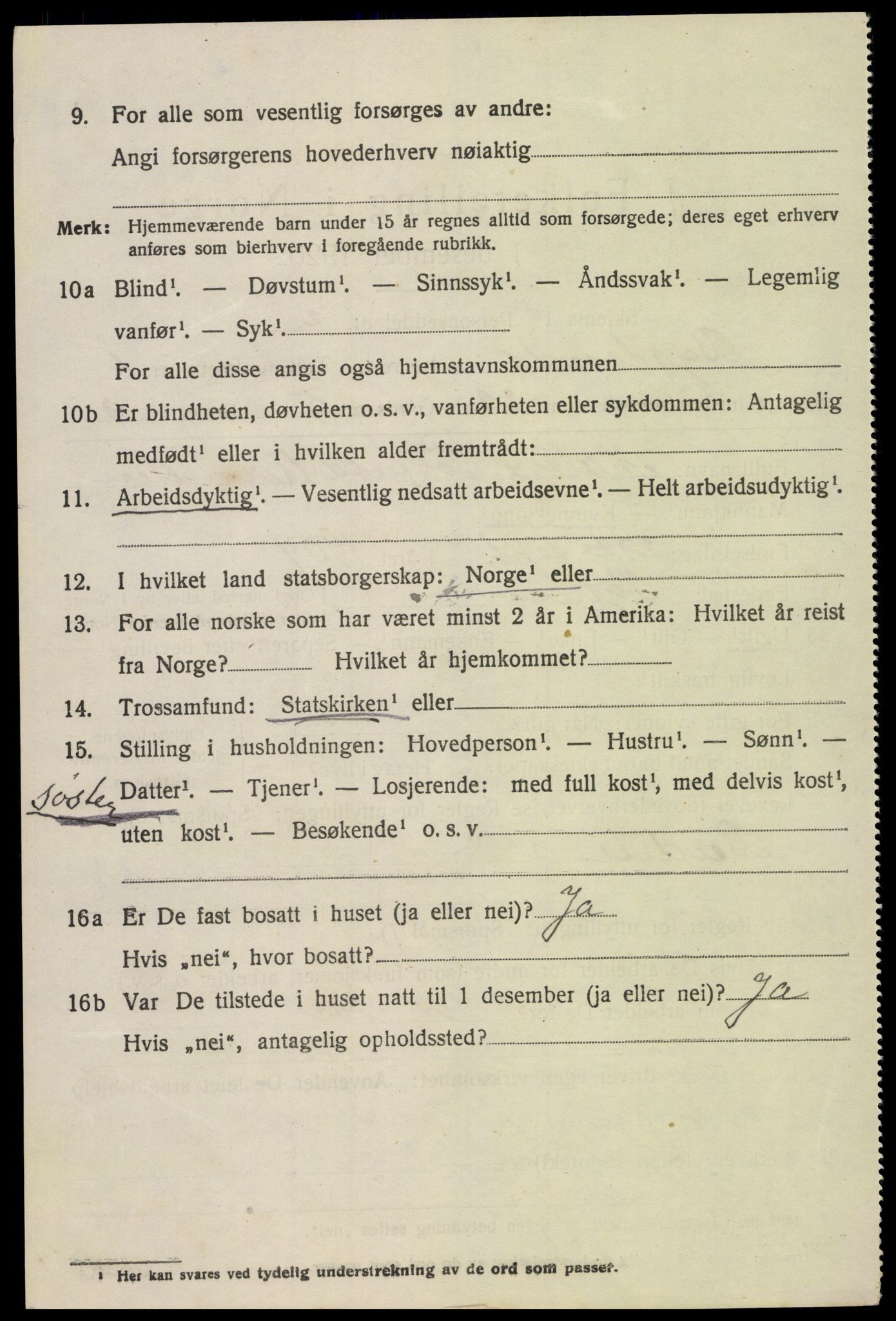 SAK, 1920 census for Bygland, 1920, p. 1086