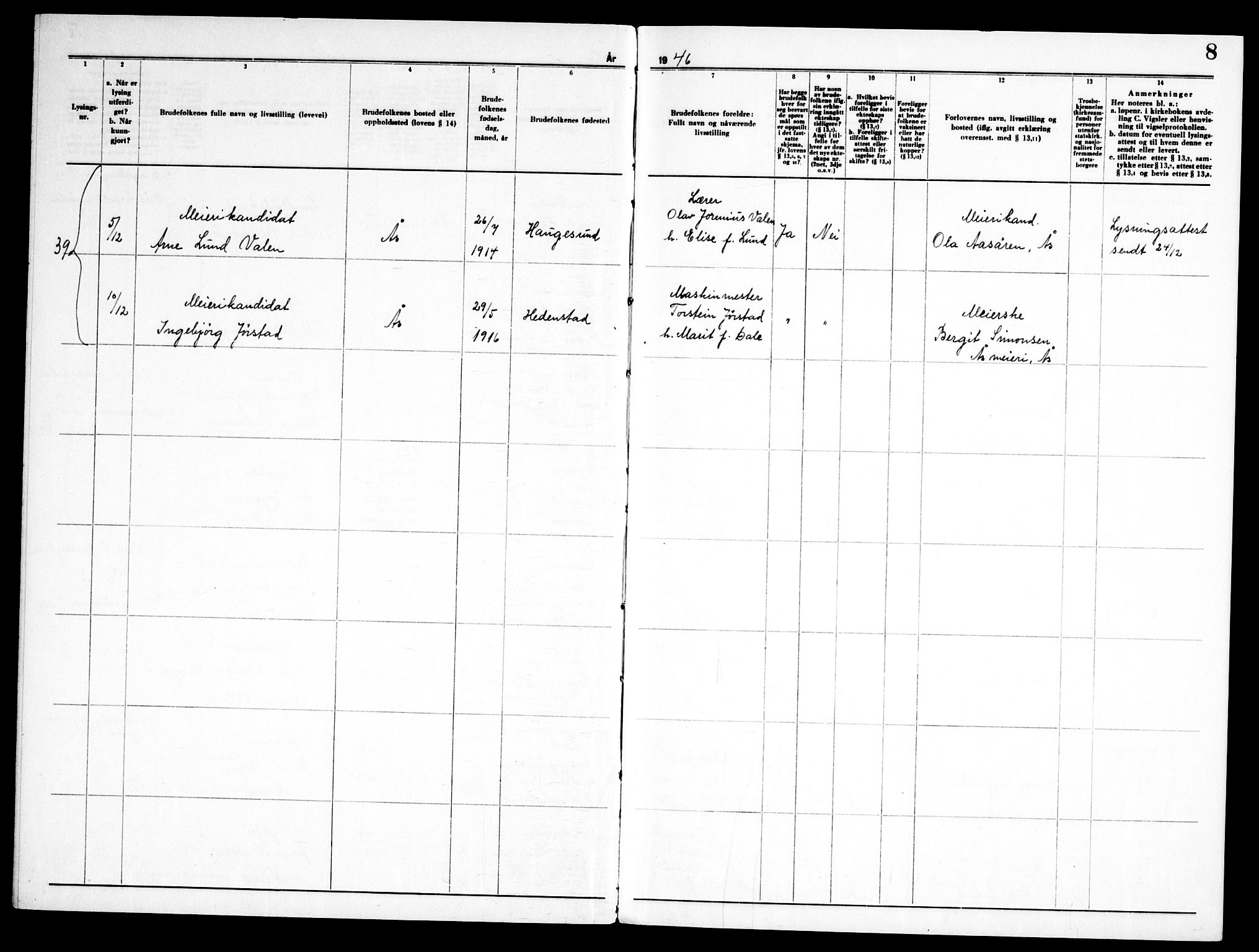 Ås prestekontor Kirkebøker, AV/SAO-A-10894/H/Ha/L0002: Banns register no. 2, 1946-1955, p. 8