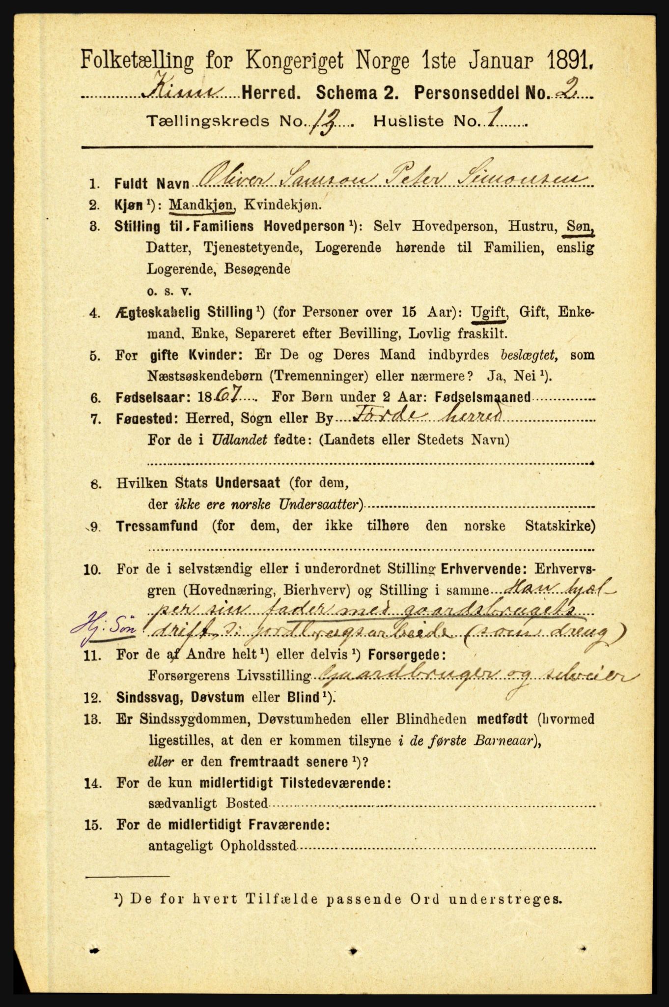 RA, 1891 census for 1437 Kinn, 1891, p. 5050