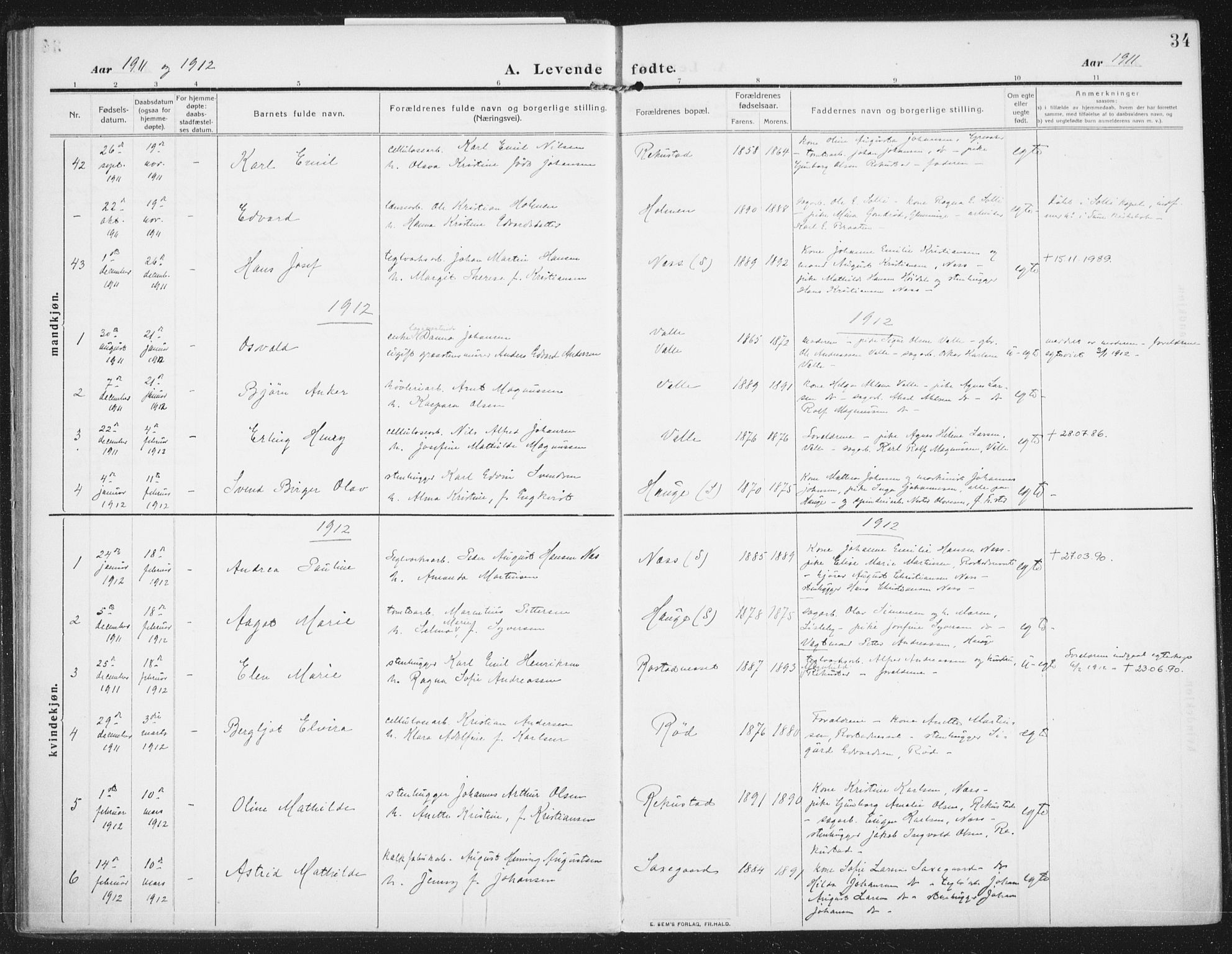 Rolvsøy prestekontor Kirkebøker, AV/SAO-A-2004/F/Fa/L0002: Parish register (official) no. 2, 1909-1917, p. 34