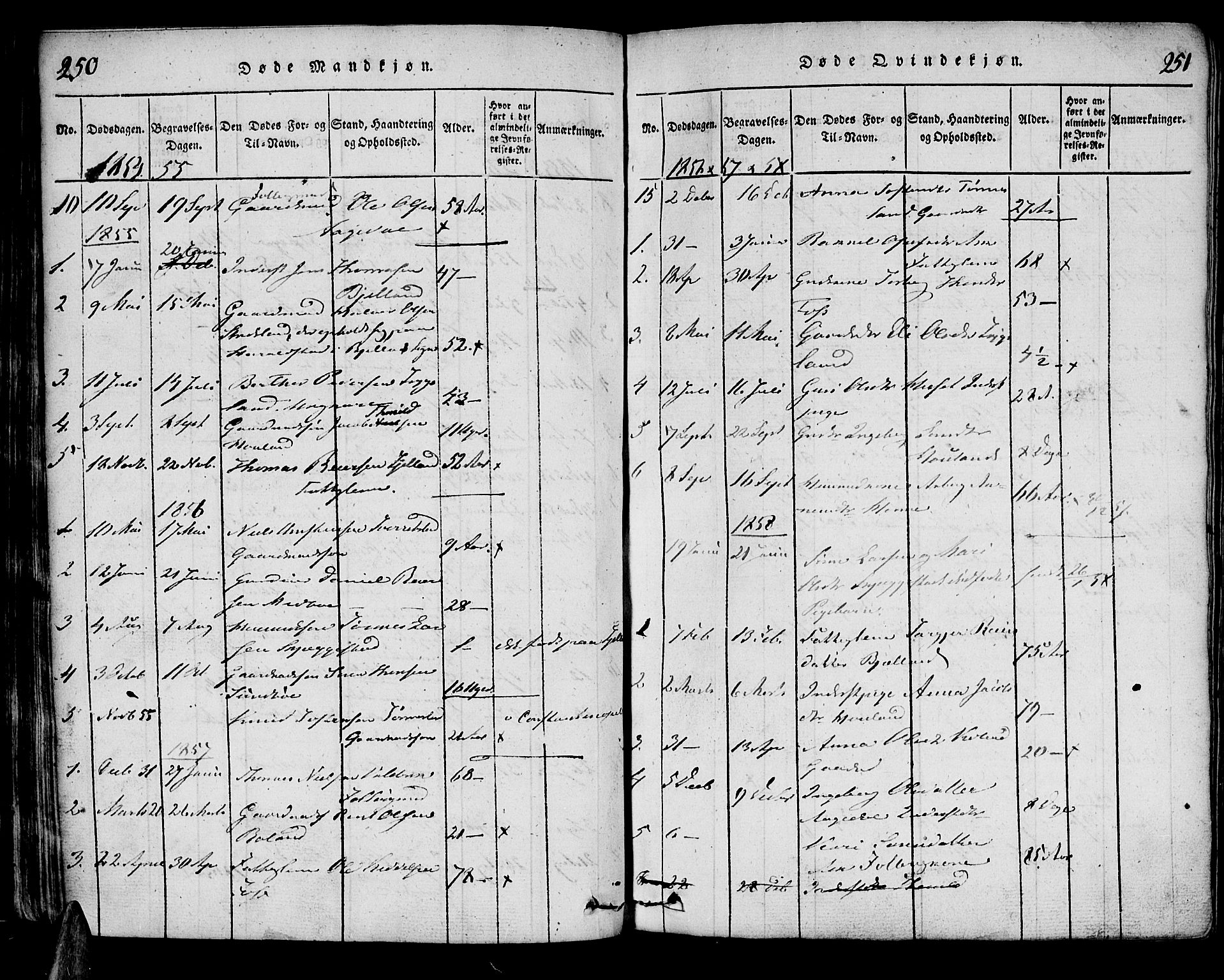 Bjelland sokneprestkontor, SAK/1111-0005/F/Fa/Faa/L0002: Parish register (official) no. A 2, 1816-1866, p. 250-251