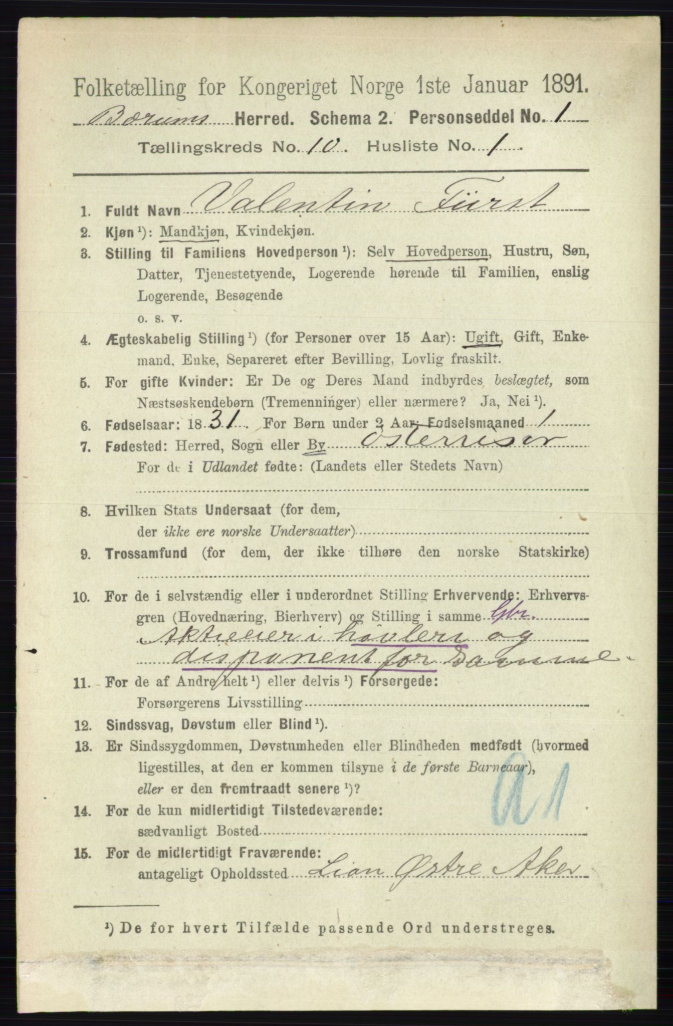 RA, 1891 census for 0219 Bærum, 1891, p. 6369