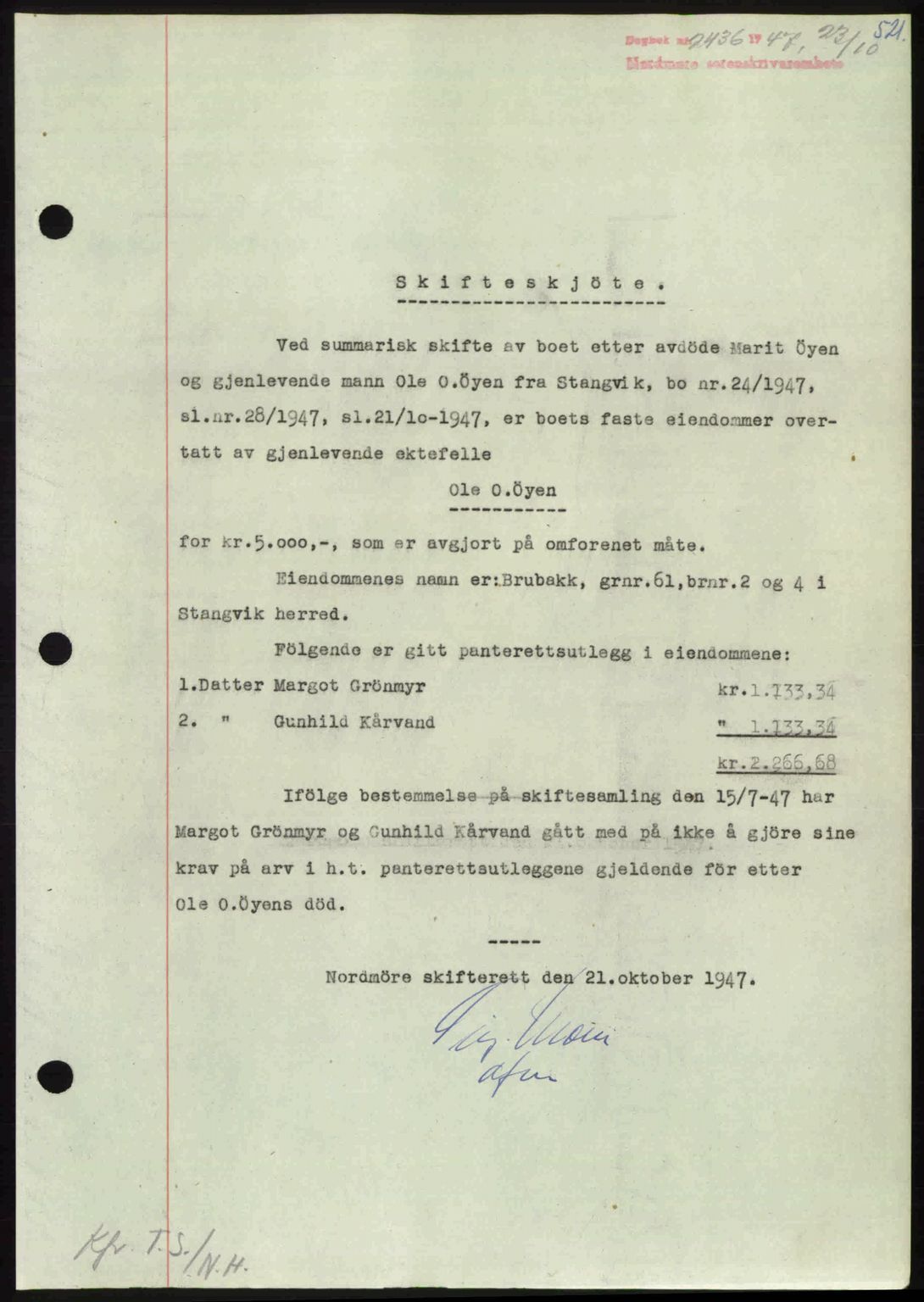 Nordmøre sorenskriveri, AV/SAT-A-4132/1/2/2Ca: Mortgage book no. A106, 1947-1947, Diary no: : 2436/1947