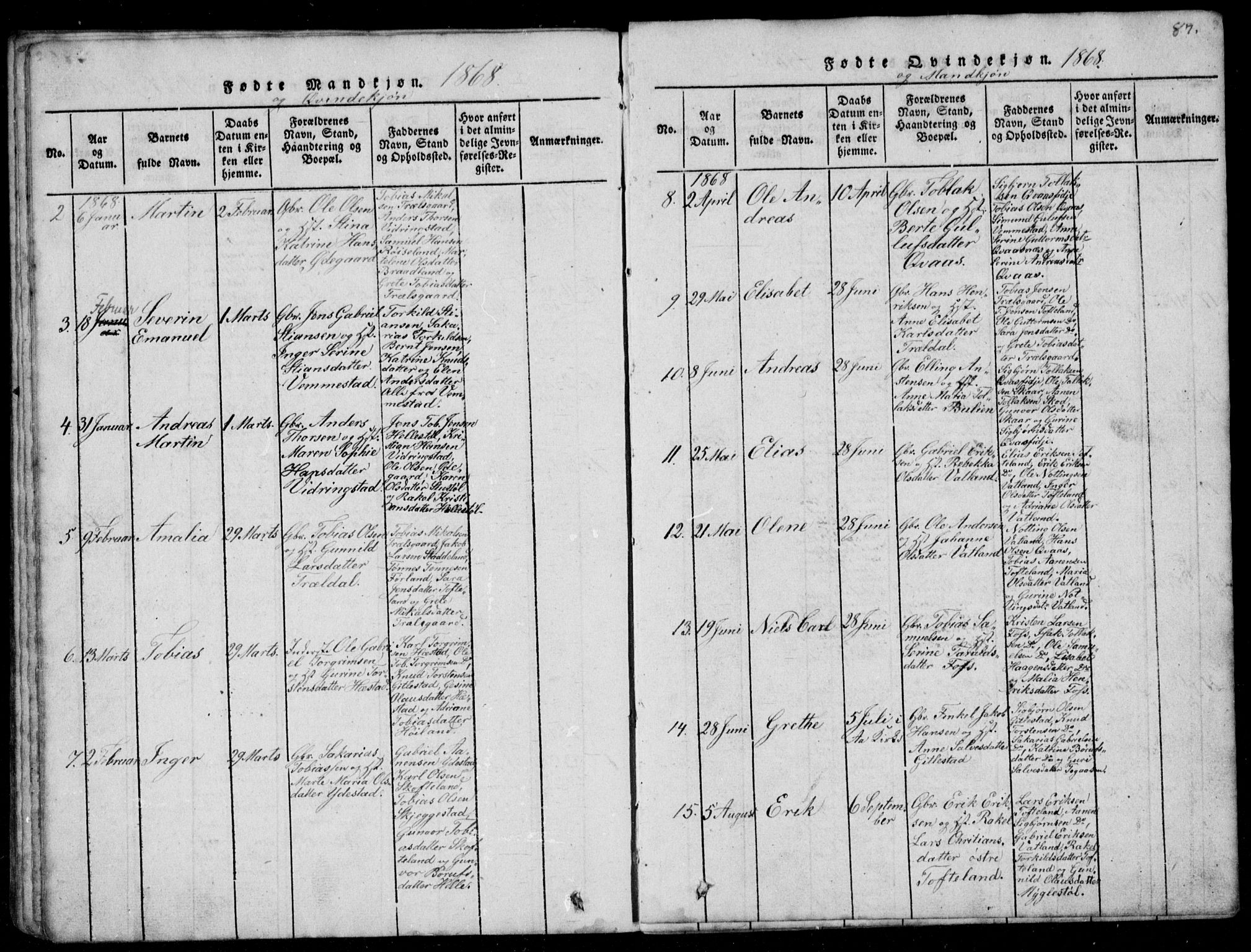 Lyngdal sokneprestkontor, AV/SAK-1111-0029/F/Fb/Fbb/L0001: Parish register (copy) no. B 1, 1816-1900, p. 87