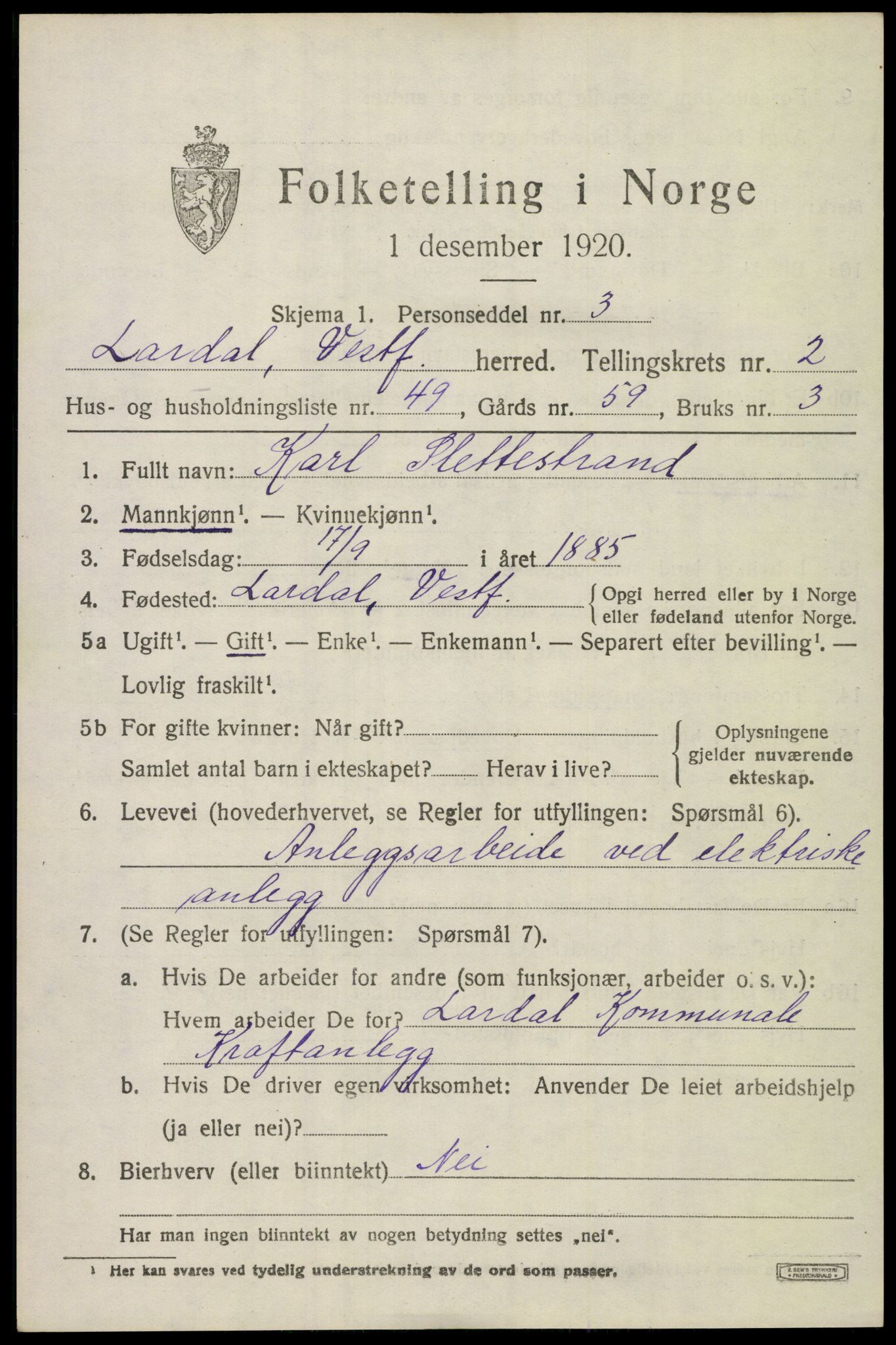SAKO, 1920 census for Lardal, 1920, p. 2499