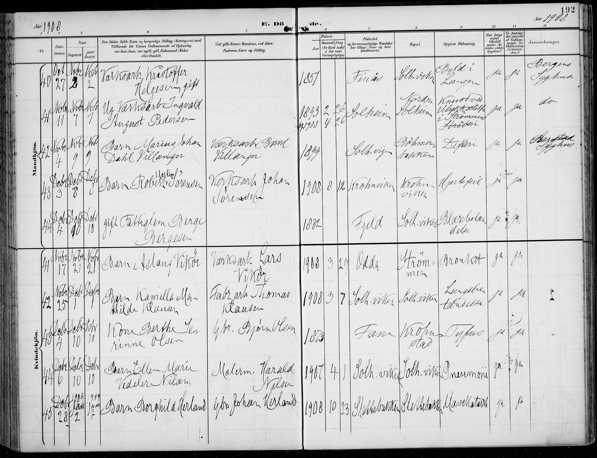 Årstad Sokneprestembete, AV/SAB-A-79301/H/Haa/L0009: Parish register (official) no. C 1, 1902-1918, p. 192