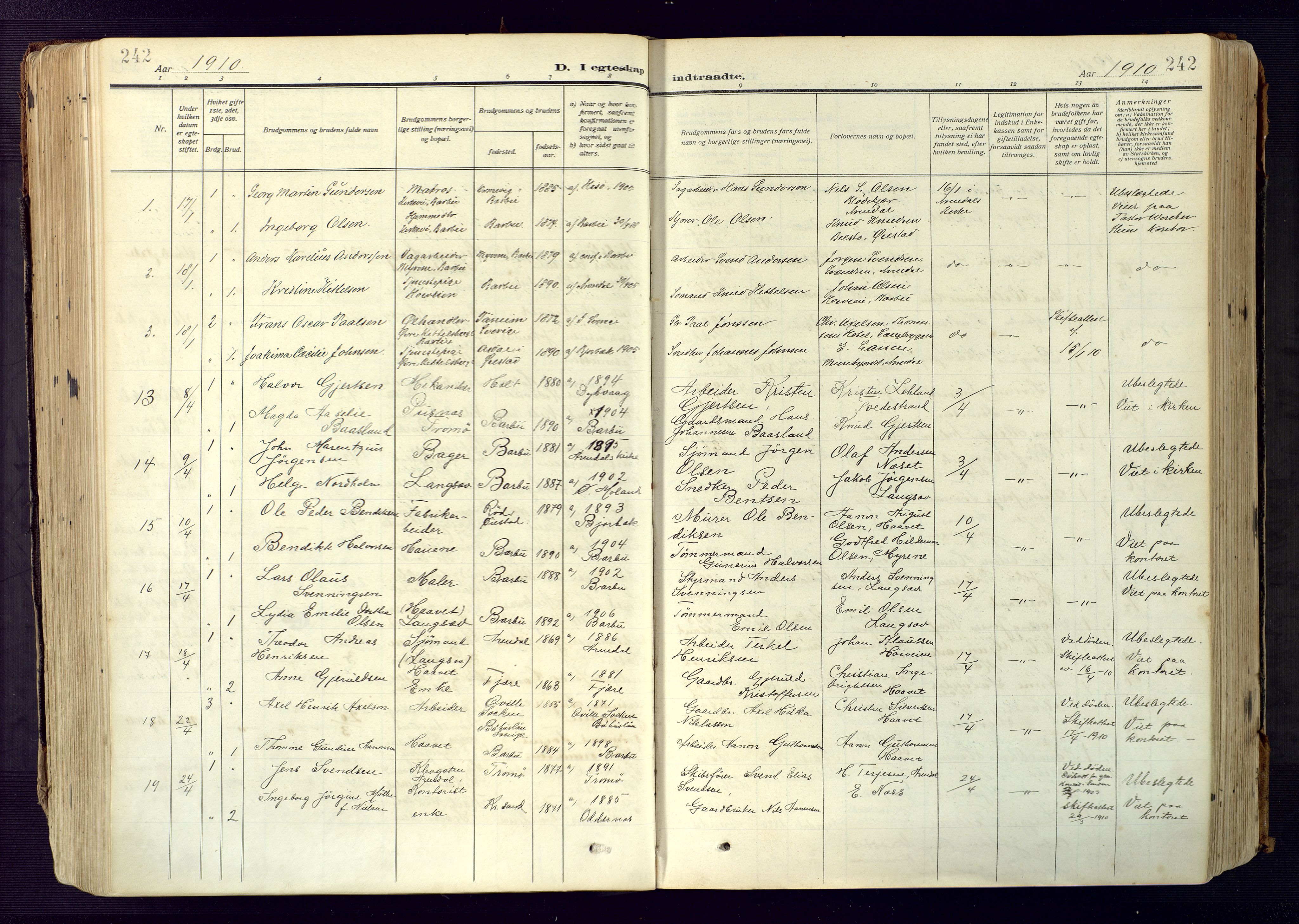 Barbu sokneprestkontor, AV/SAK-1111-0003/F/Fa/L0006: Parish register (official) no. A 6, 1910-1929, p. 242