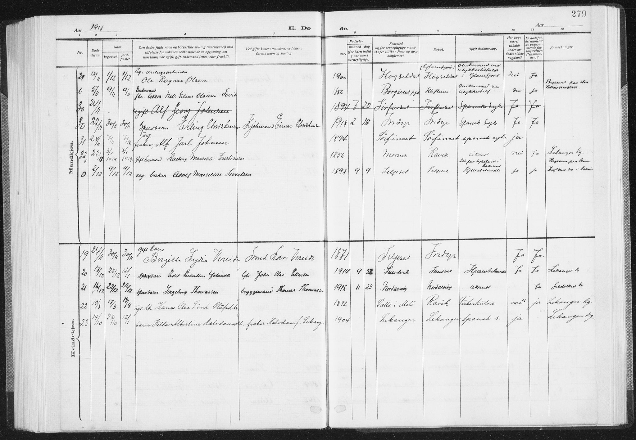 Ministerialprotokoller, klokkerbøker og fødselsregistre - Nordland, AV/SAT-A-1459/805/L0104: Parish register (official) no. 805A09, 1909-1926, p. 279