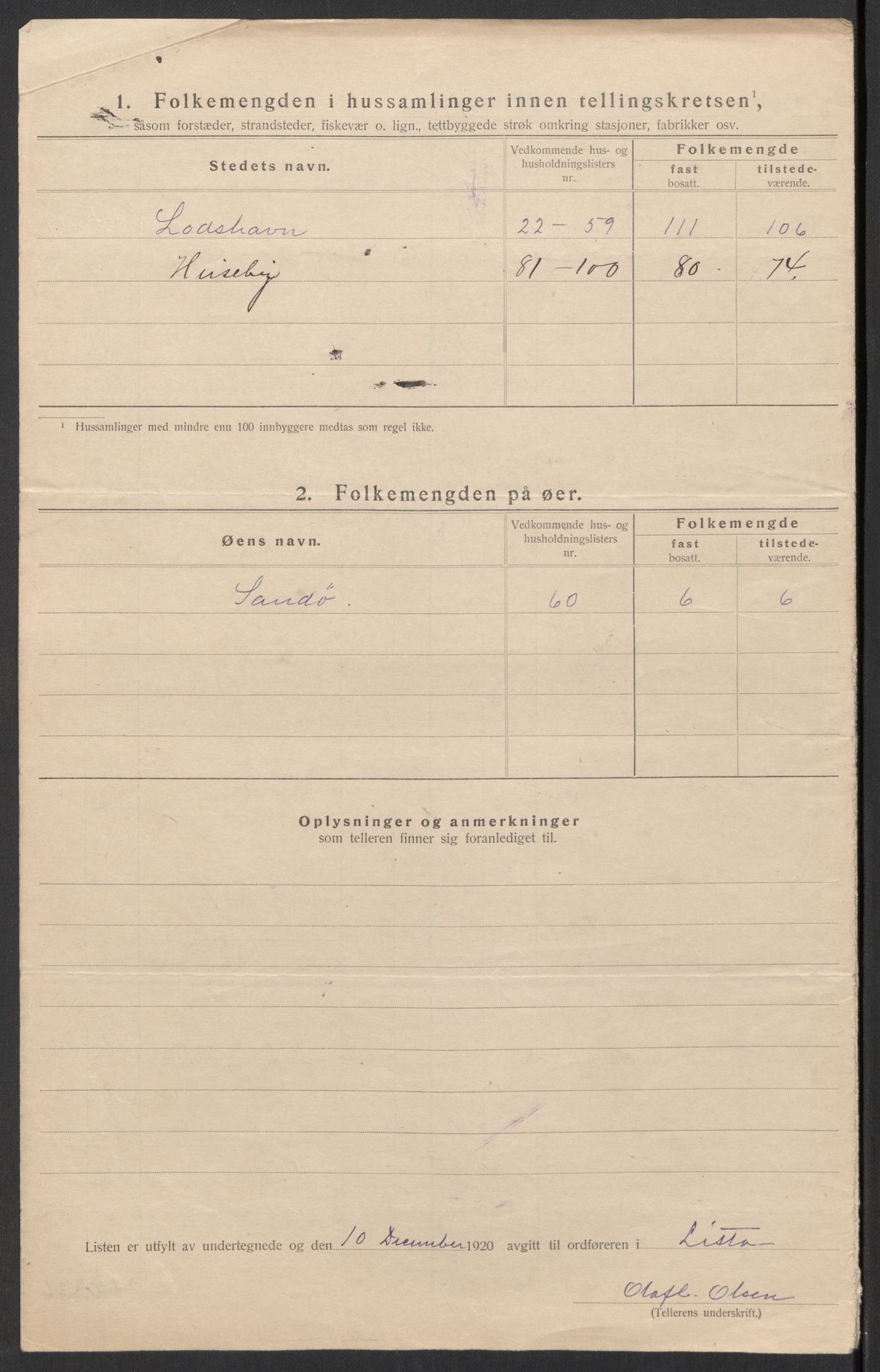 SAK, 1920 census for Lista, 1920, p. 8