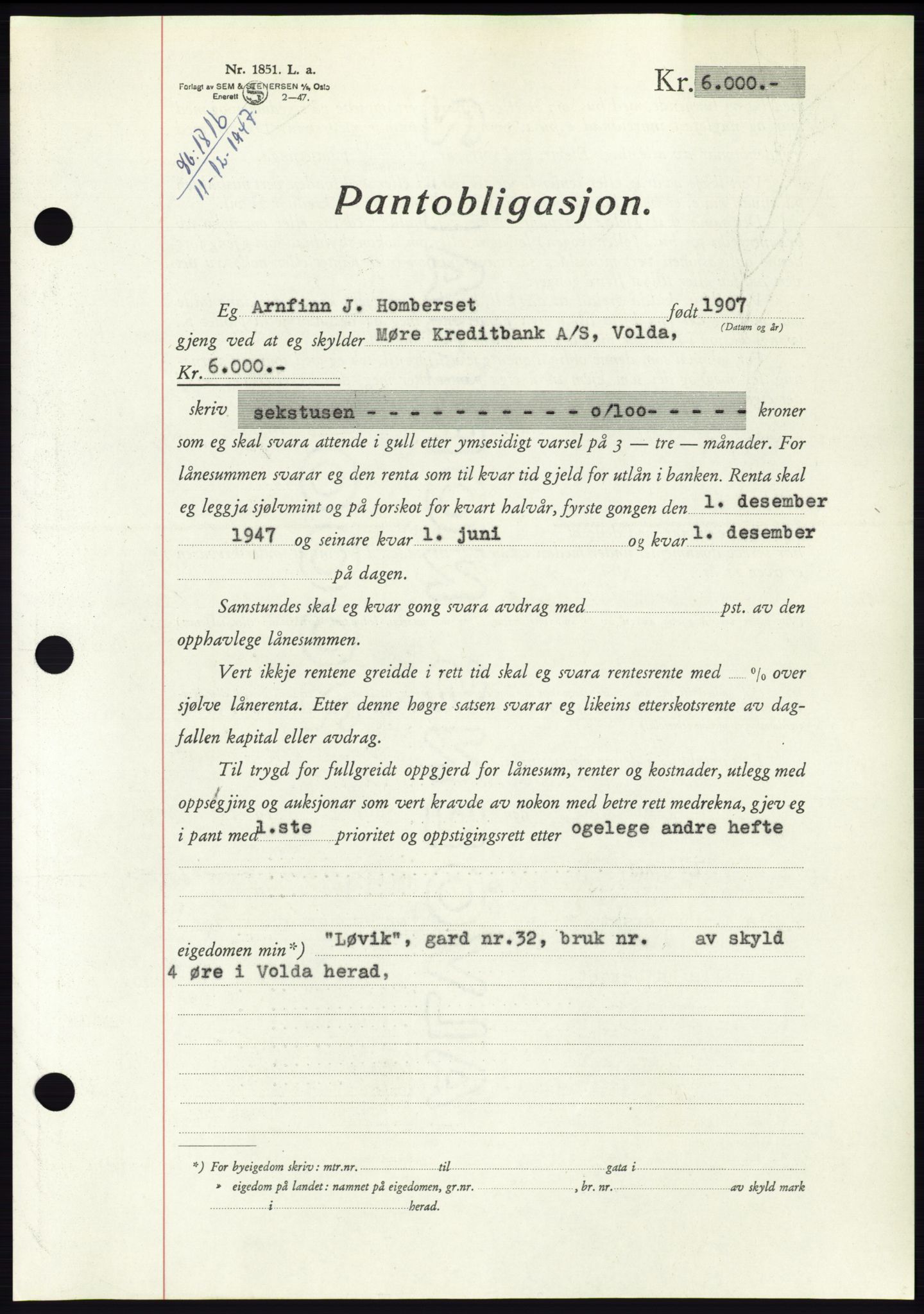 Søre Sunnmøre sorenskriveri, AV/SAT-A-4122/1/2/2C/L0081: Mortgage book no. 7A, 1947-1948, Diary no: : 1816/1947