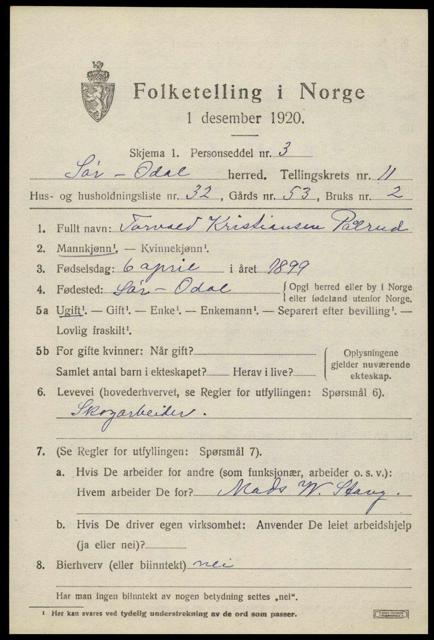 SAH, 1920 census for Sør-Odal, 1920, p. 12183