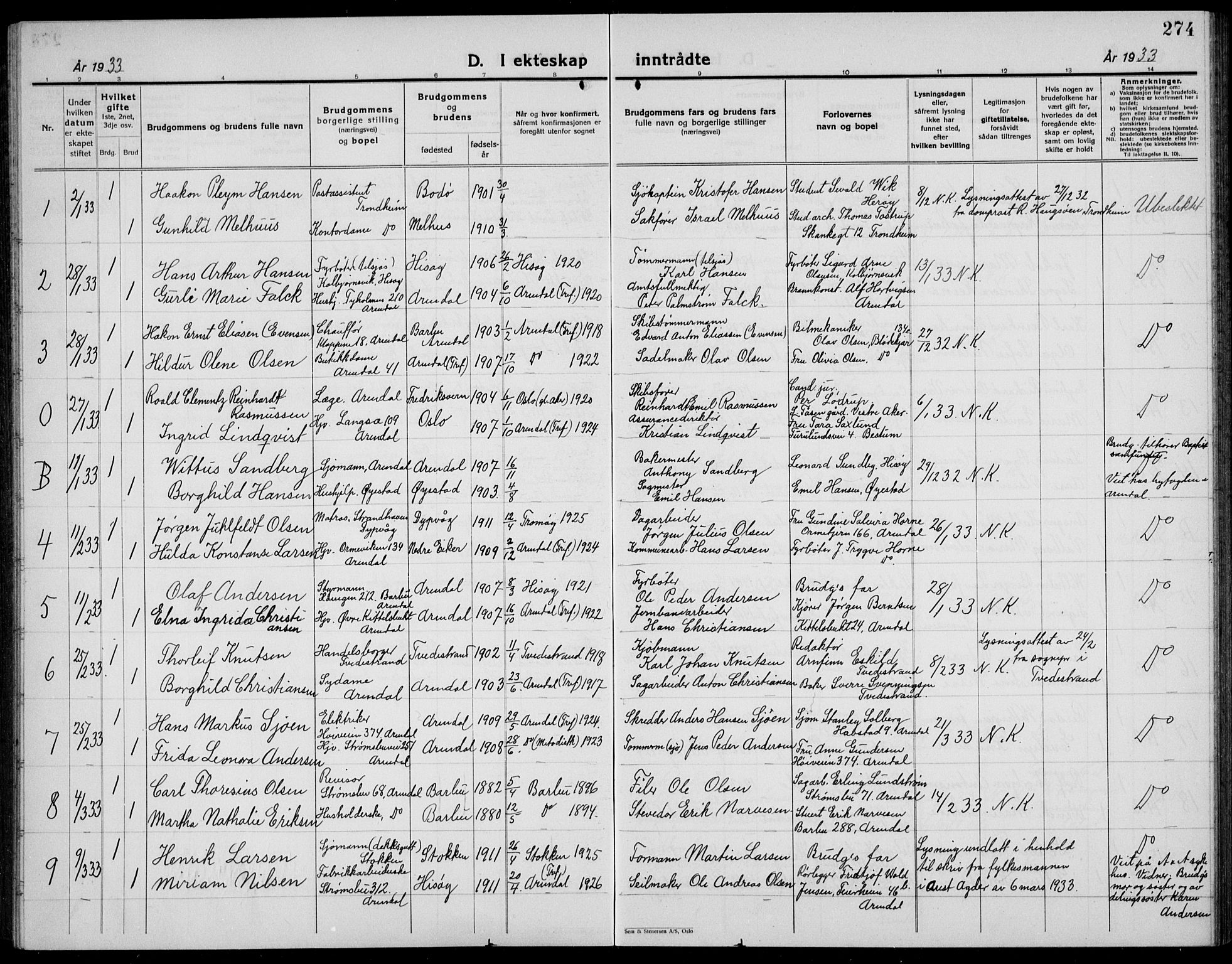 Arendal sokneprestkontor, Trefoldighet, AV/SAK-1111-0040/F/Fb/L0008: Parish register (copy) no. B 8, 1928-1939, p. 274