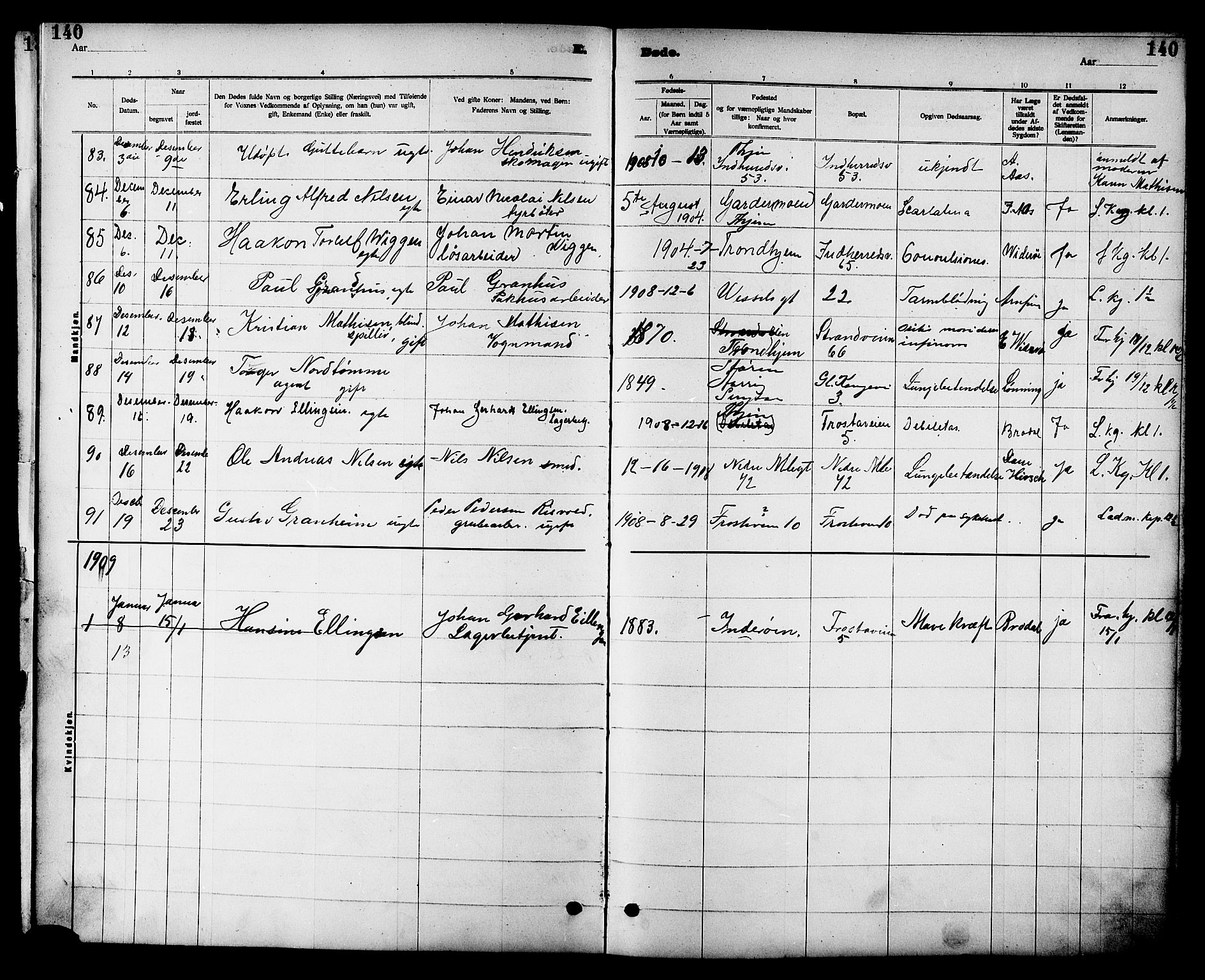 Ministerialprotokoller, klokkerbøker og fødselsregistre - Sør-Trøndelag, SAT/A-1456/605/L0255: Parish register (copy) no. 605C02, 1908-1918, p. 140