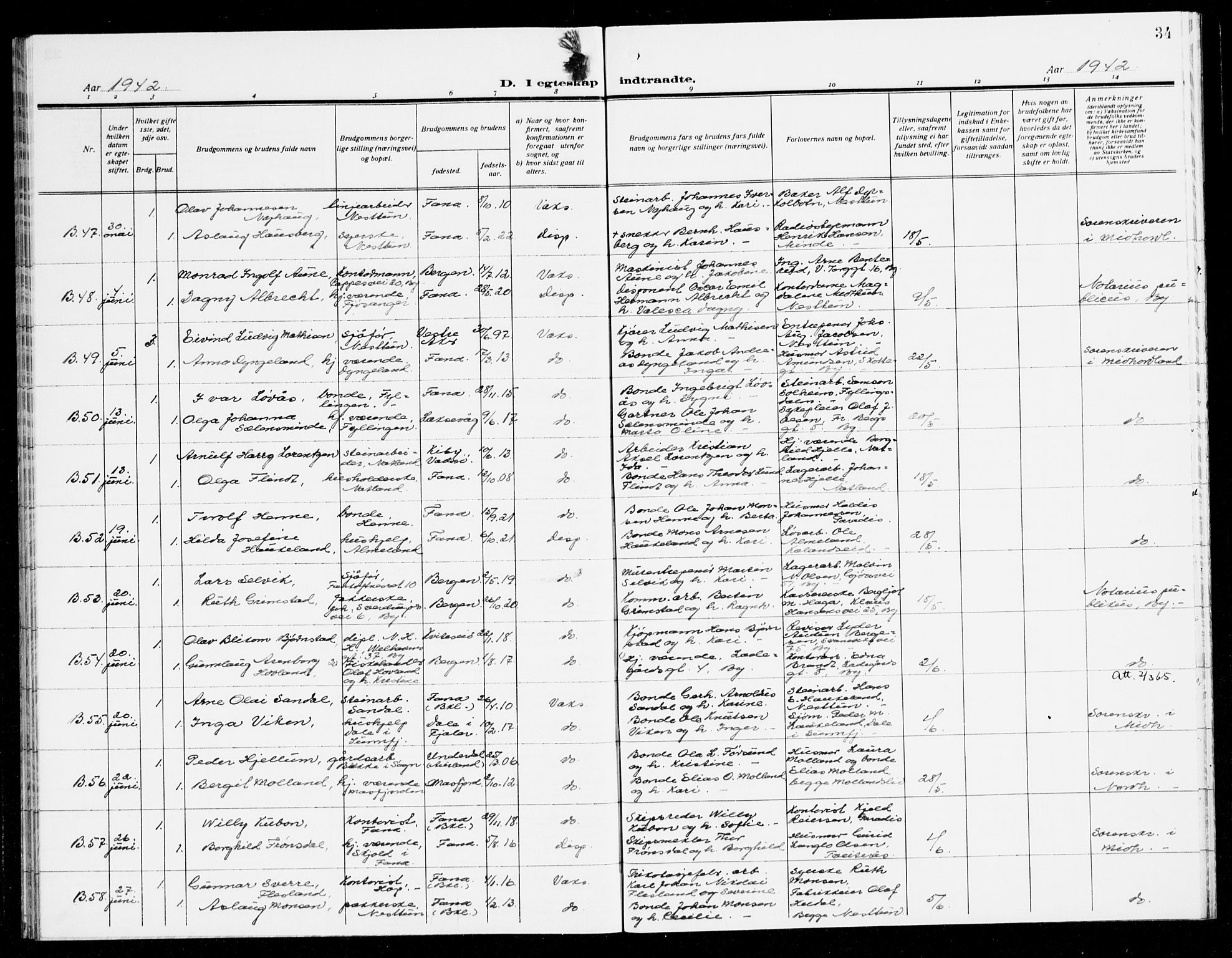 Fana Sokneprestembete, AV/SAB-A-75101/H/Haa/Haak/L0003: Parish register (official) no. K 3, 1938-1944, p. 34