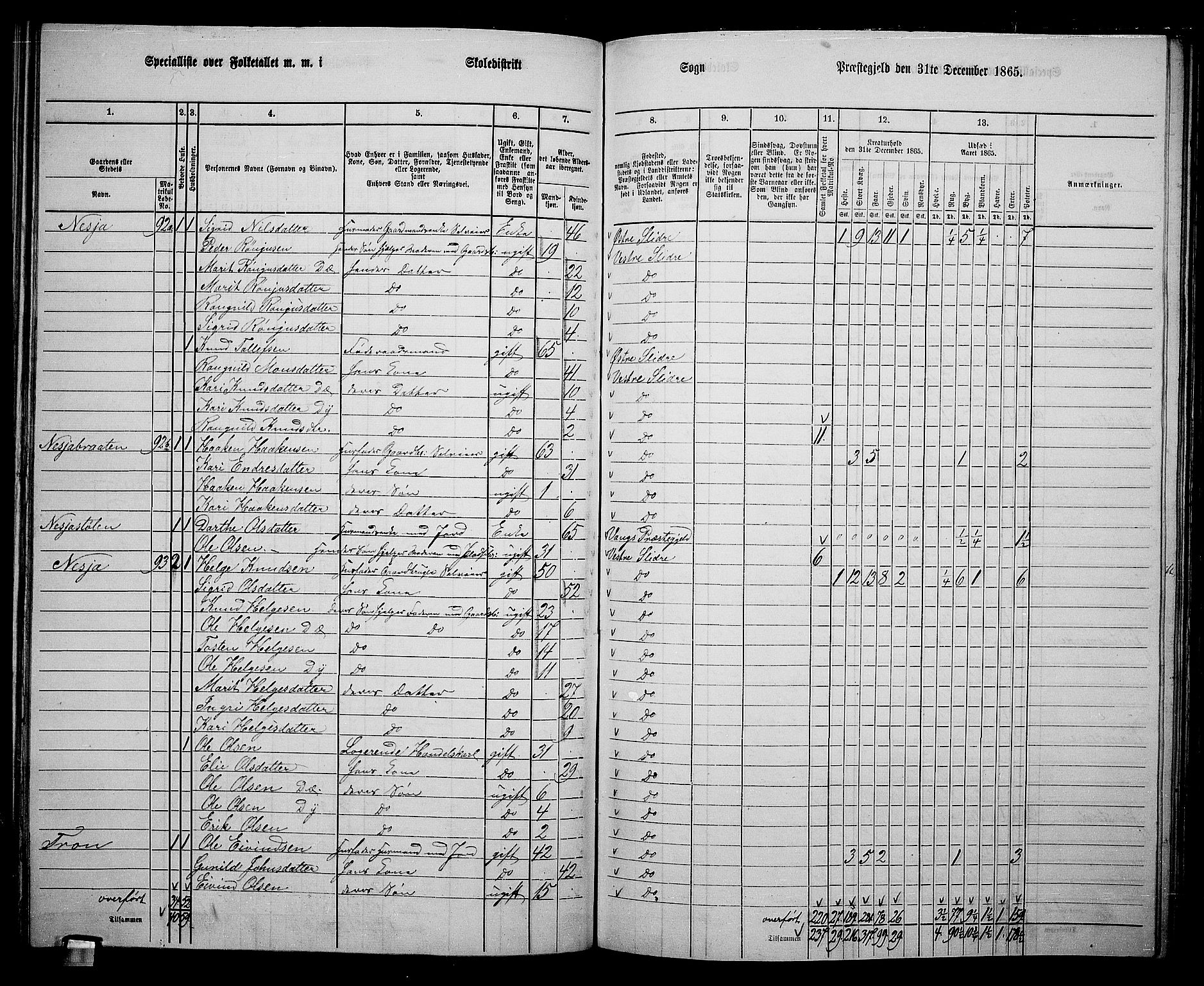 RA, 1865 census for Vestre Slidre, 1865, p. 65