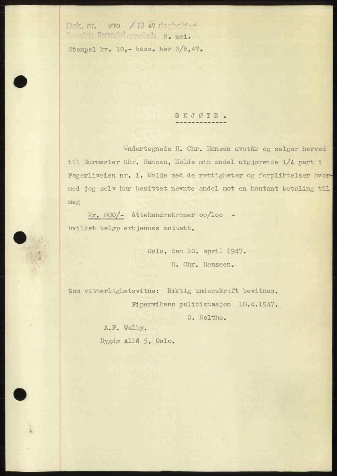 Romsdal sorenskriveri, SAT/A-4149/1/2/2C: Mortgage book no. A22, 1947-1947, Diary no: : 970/1947