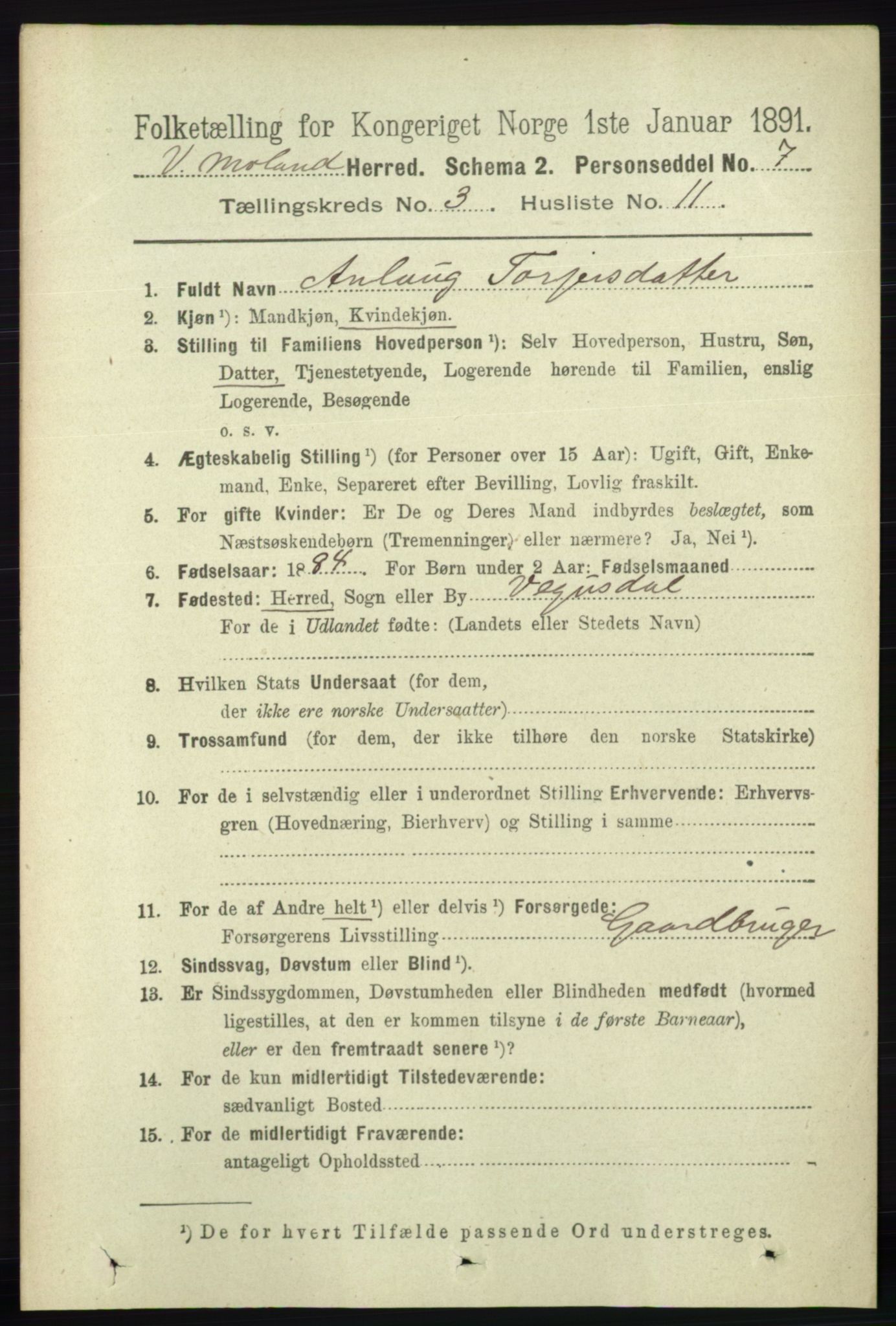 RA, 1891 census for 0926 Vestre Moland, 1891, p. 1015