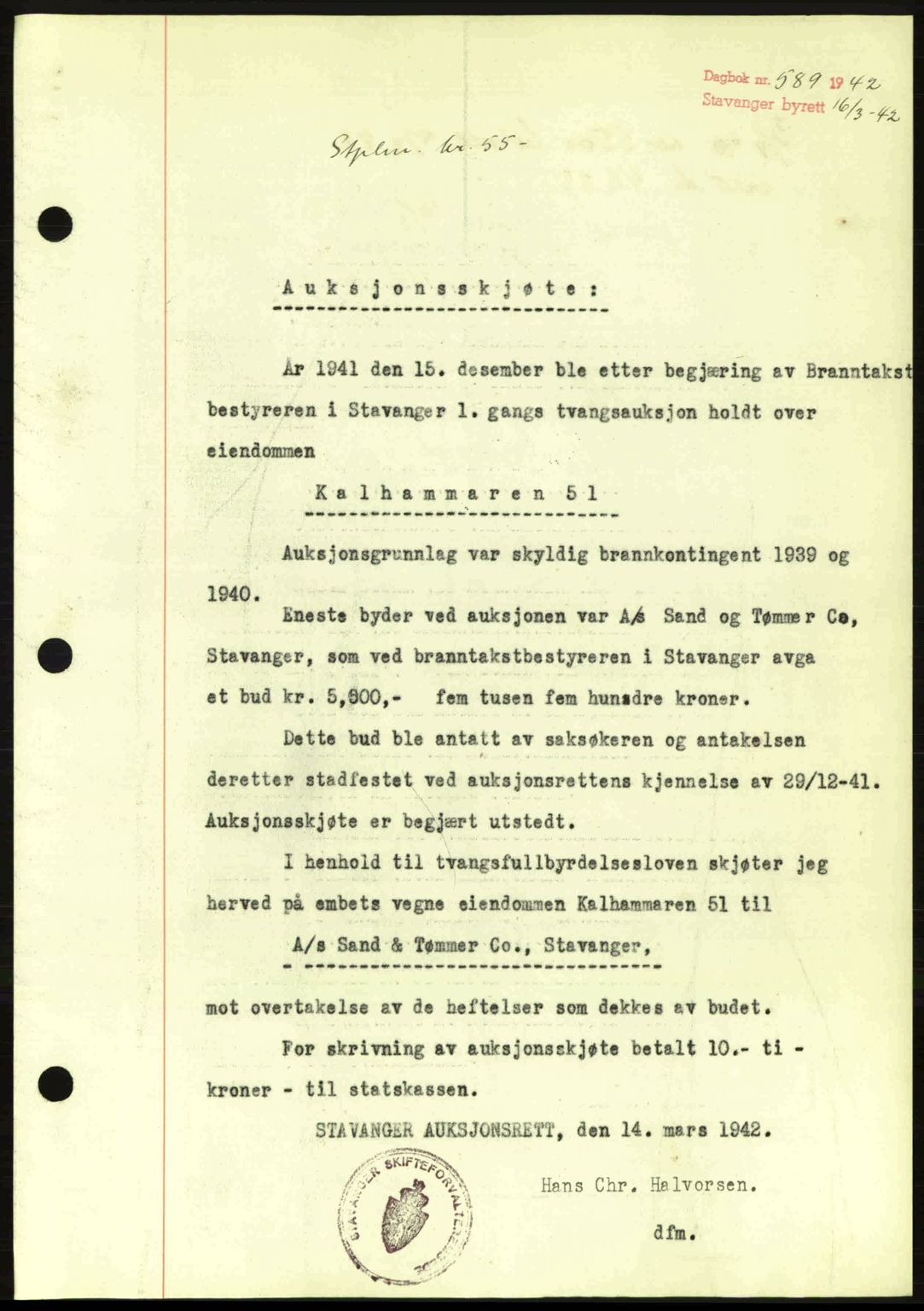 Stavanger byrett, SAST/A-100455/002/G/Gb/L0017: Mortgage book no. A7, 1941-1943, Diary no: : 589/1942