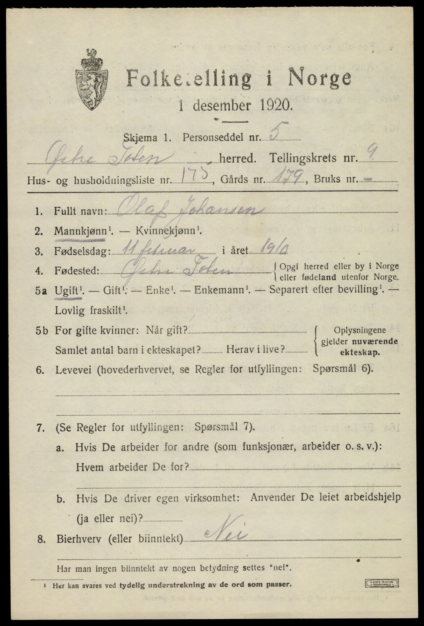 SAH, 1920 census for Østre Toten, 1920, p. 20350