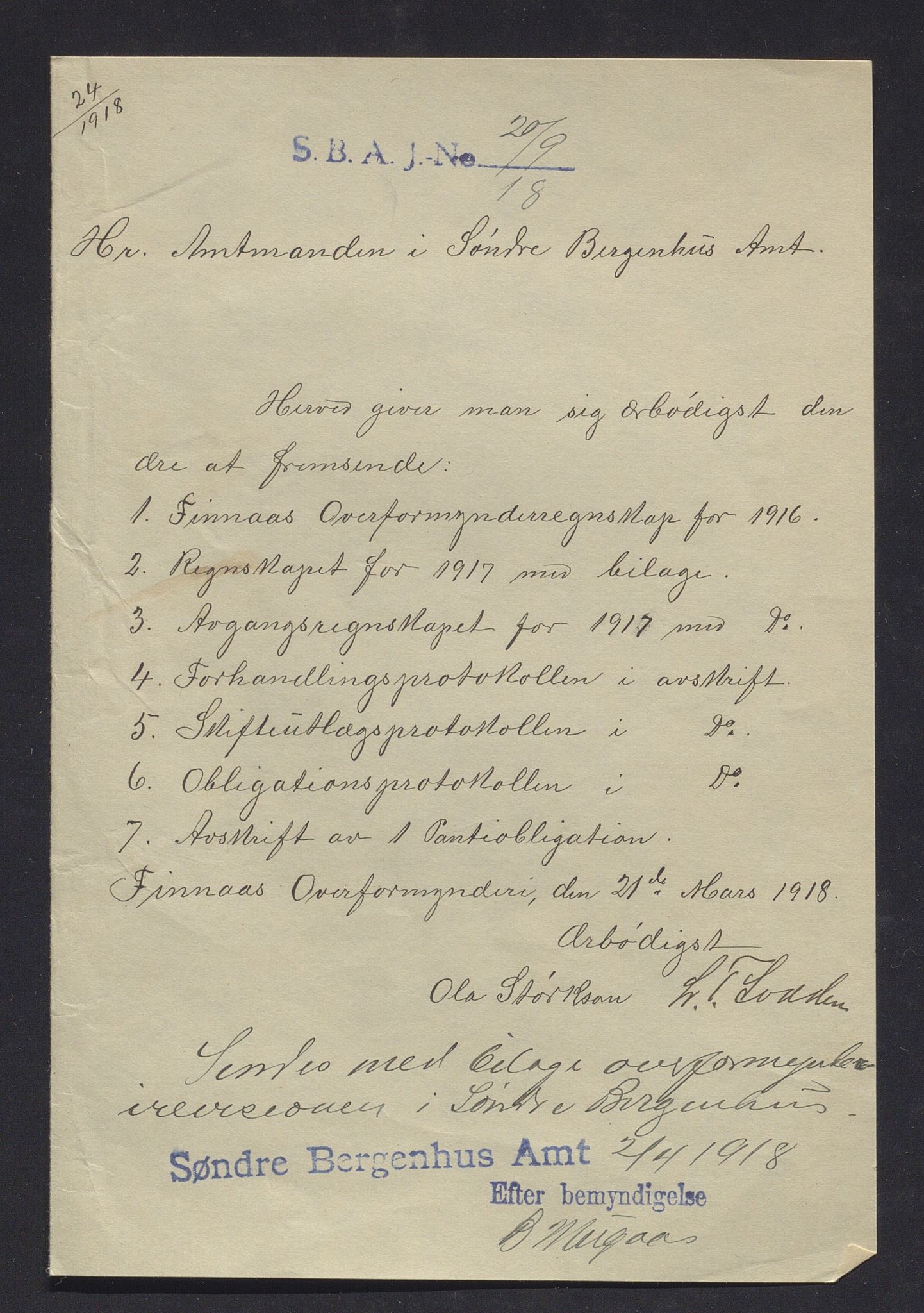 Finnaas kommune. Overformynderiet, IKAH/1218a-812/R/Ra/Raa/L0009/0002: Årlege rekneskap m/vedlegg / Årlege rekneskap m/vedlegg, 1917